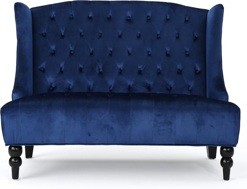 Modern Tufted Velvet Wingback Loveseat, Tufted Velvet 2 Seat Couch Sofas with High Back Thick Padded Cushioned Seats for Living Room, Victorian Style, Navy Blue