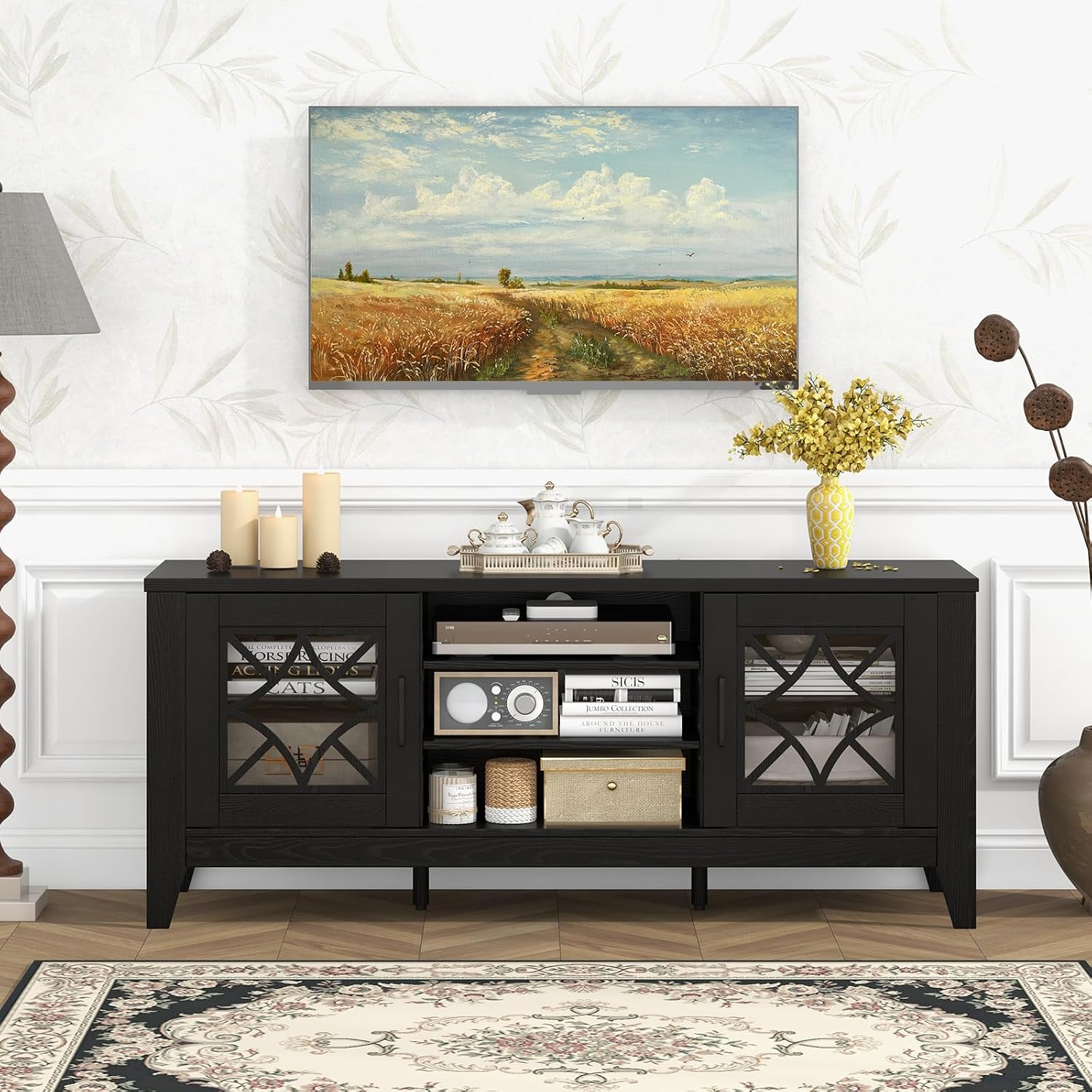 Giantex Farmhouse TV Stand for TVs up to 65', Entertainment Center with 4 Adjustable Storage Shelves & Tempered Glass Doors, Modern TV Console Table for Bedroom, Living Room