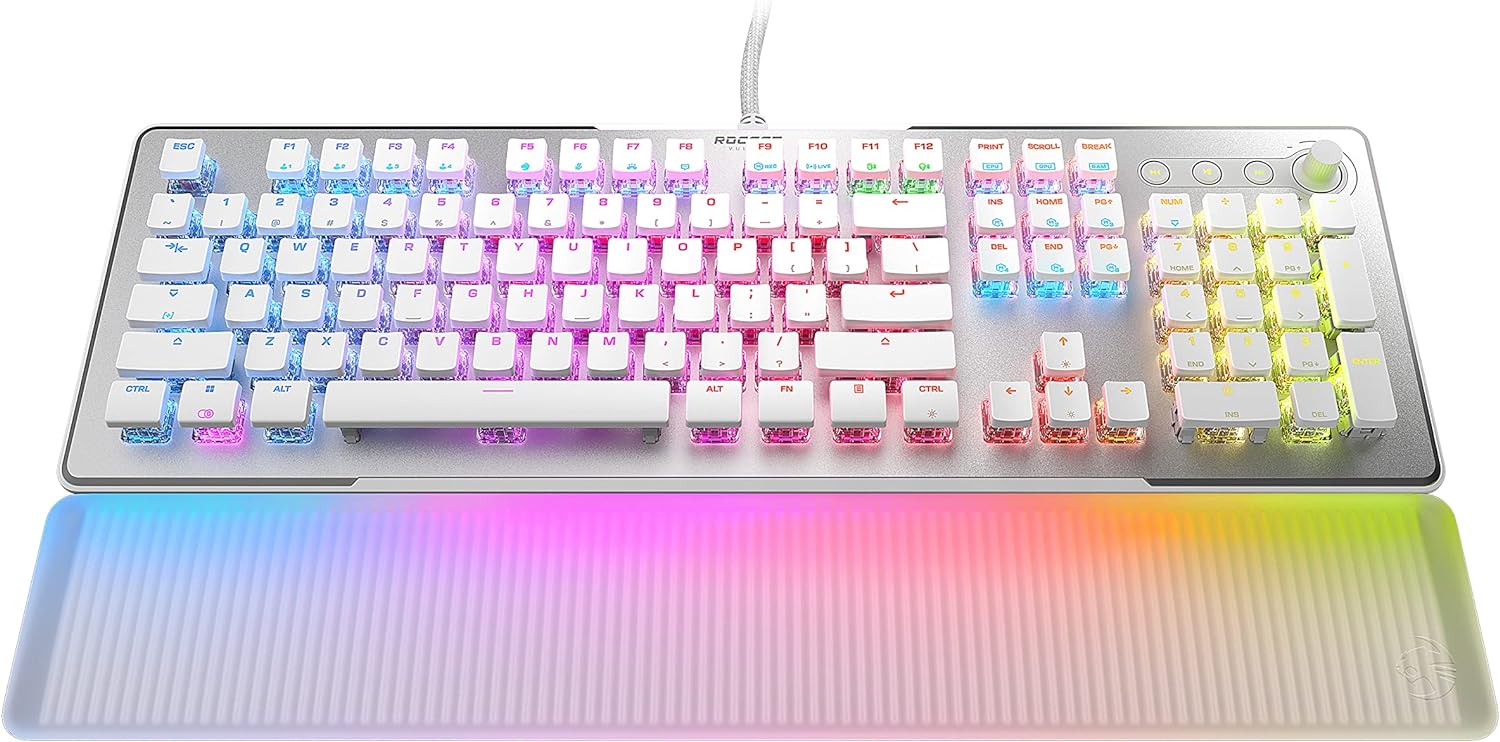 ROCCAT Vulcan II Max – Optical-Mechanical PC Gaming Keyboard with Customizable RGB Illuminated Keys and Palm Rest, Titan II Smooth Linear Switches, Aluminum Plate, 100M Keystroke Durability – White