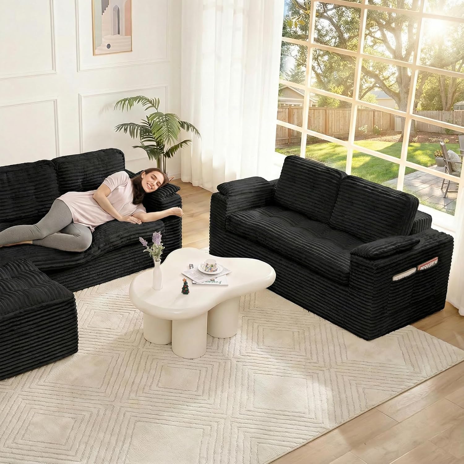Boneless Loveseat Sofa, 60in Cloud Couch Sofa for Living Room 2 Seater Modern Lounge Sleeper Couch with Removable Cover Corduroy with Armrest, Seat Cushion & Pillows for Small Spaces, Black