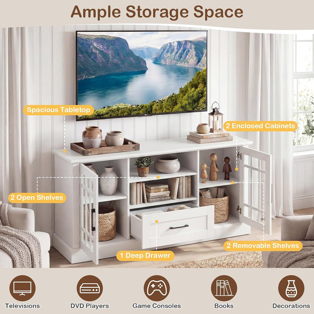 Tangkula Farmhouse TV Stand for TV up to 65 70 Inches, Tall Media Console Table with 2 Glass Storage Cabinets, 1 Drawer & 2 Open Shelves, Wooden Entertainment Center for Living Room (White)