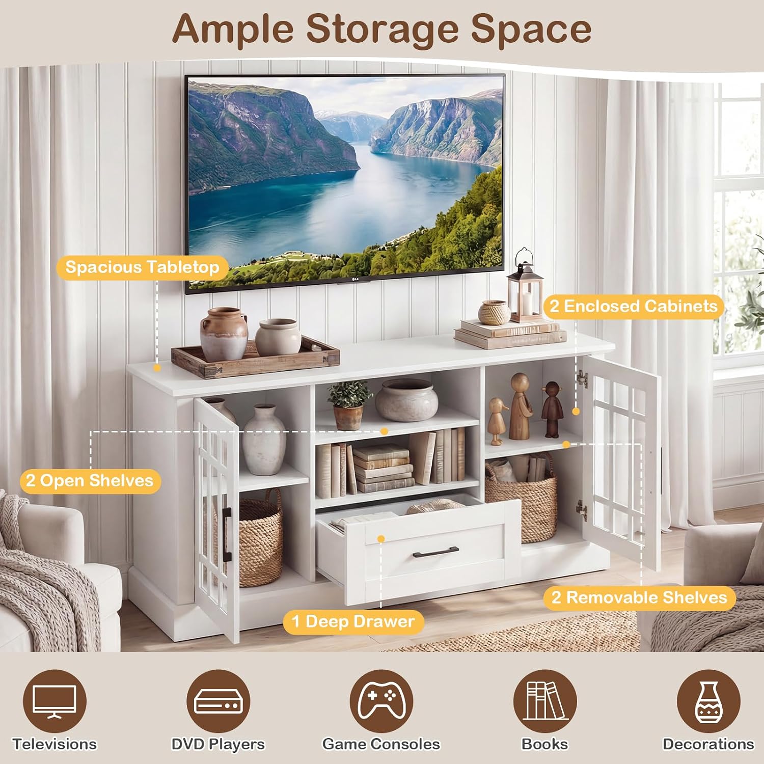 Tangkula Farmhouse TV Stand for TV up to 65 70 Inches, Tall Media Console Table with 2 Glass Storage Cabinets, 1 Drawer & 2 Open Shelves, Wooden Entertainment Center for Living Room (White)