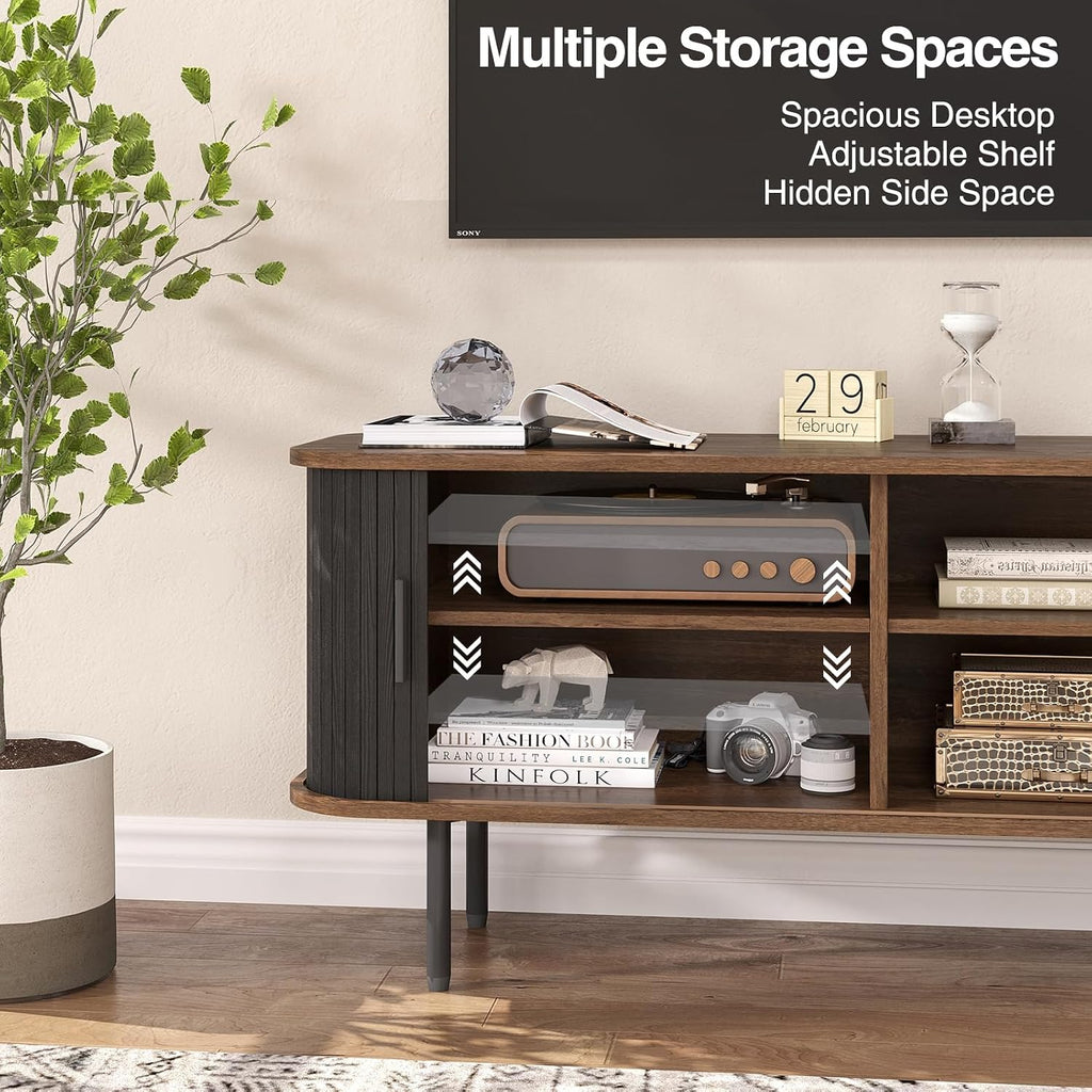 47' Modern Fluted TV Stand for TVs up to 60 Inch , Gaming Entertainment Center with Tambour Slatted Sliding Doors and Storage Cabinet, Media TV Consoles Table for Living Room, Office, Black