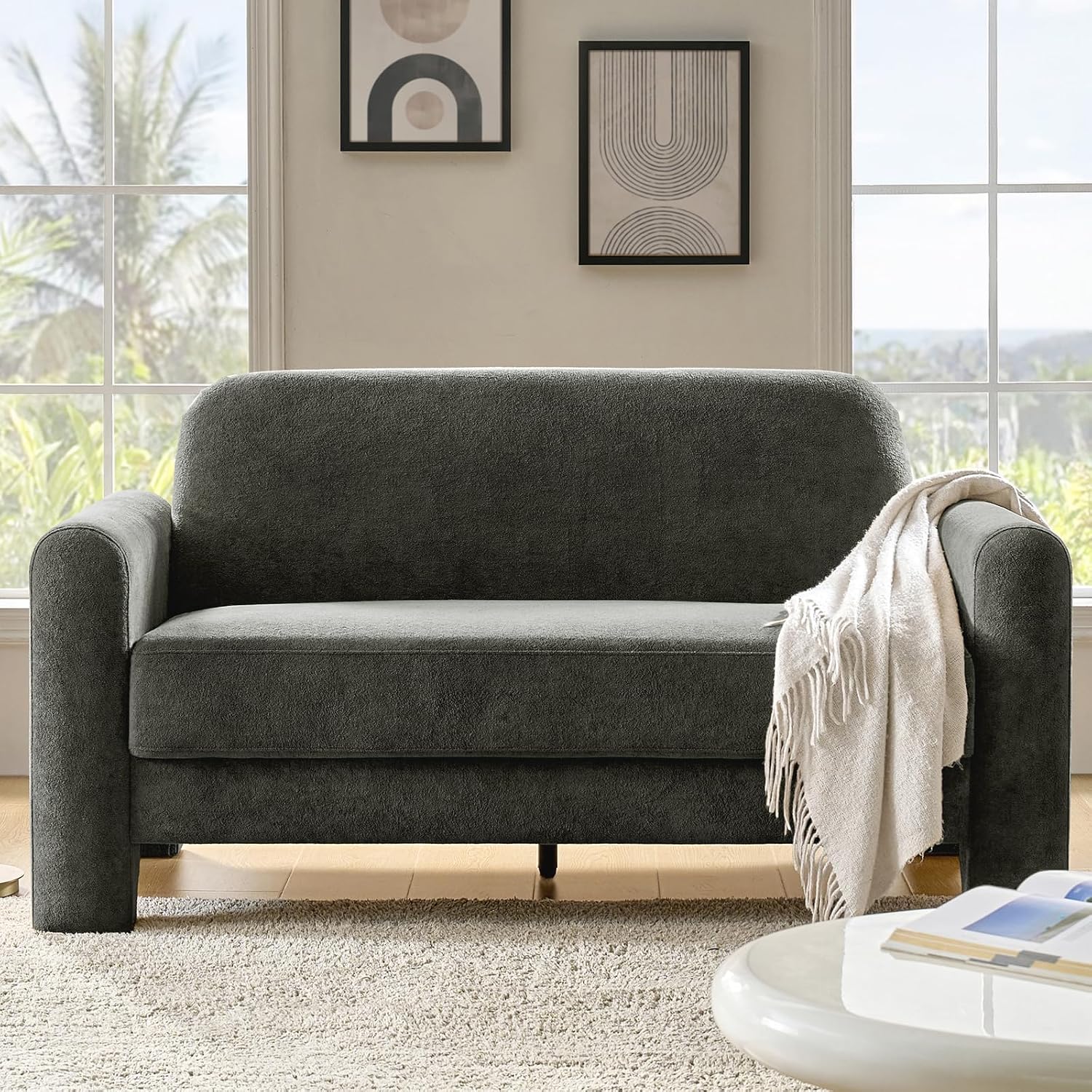 HULALA HOME 60' Modern Curved Loveseat Sofa, Comfy Chenille Couch Small Love Seat with Wrapped Armrests, 2 Seater Sofa for Living Room, Easy Assembly, Grey