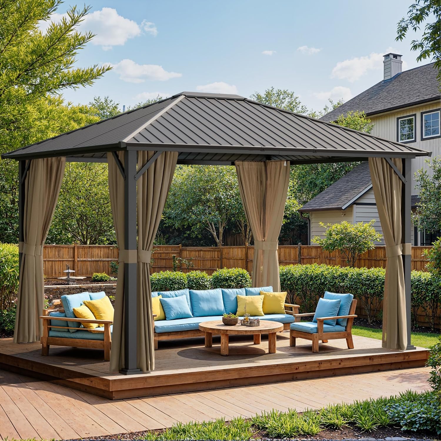 10x12 Hardtop Gazebos, Heavy Duty Outdoor Gazebo with Powder-Coated Iron Frame, Galvanized Steel Roof & Mosquito Netting, Permanent Pavilion Gazebo for Backyards & Patios