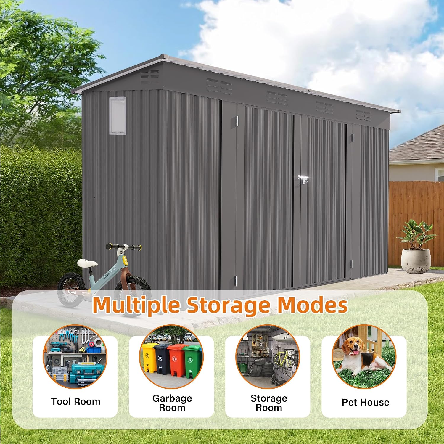 4 x 9 FT Outdoor Storage Shed, Lean-to Metal Storage Shed for Backyard Patio Garage,Sloped Roof Corner Fit, Center Sliding Double Doors, 6 Vents, Galvanized Steel Tool House, Weather-Resistant Gray