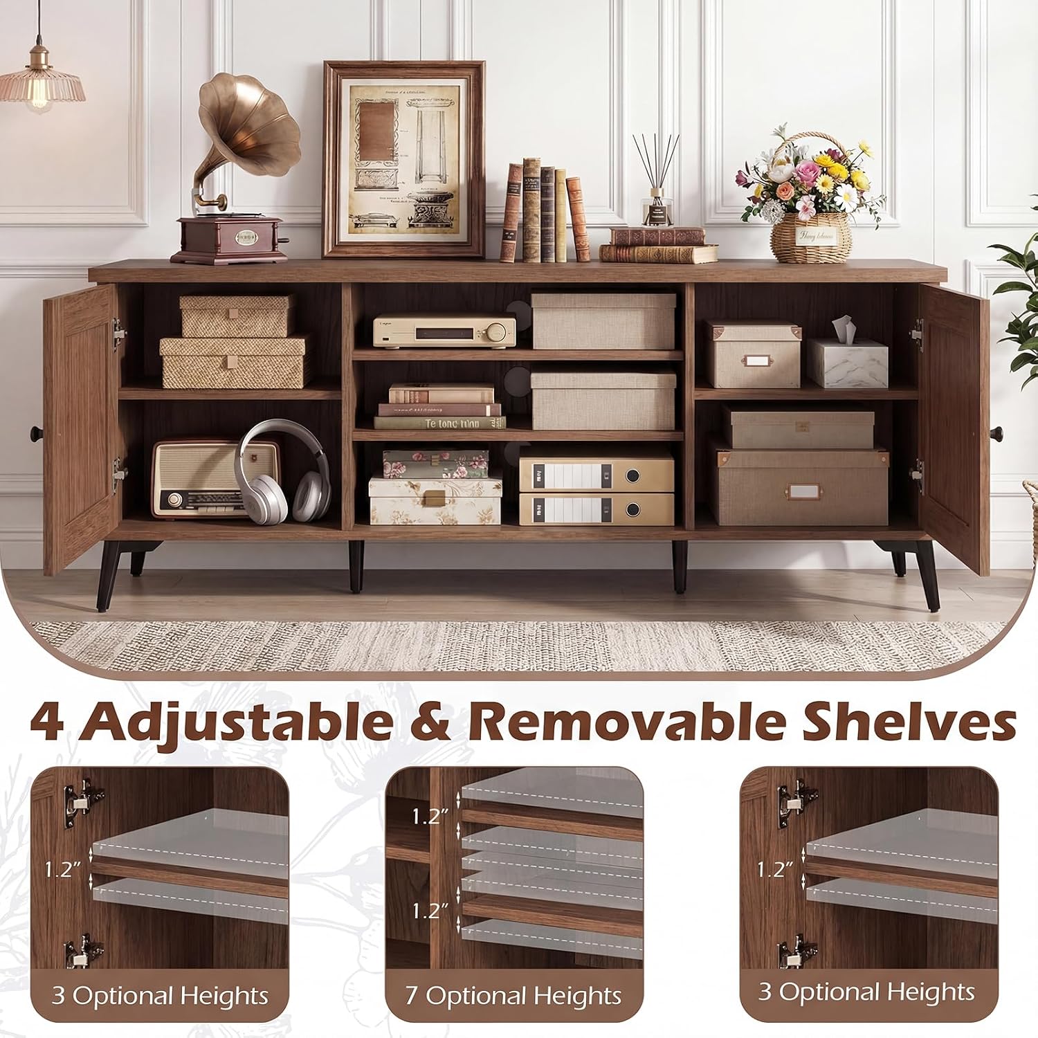Giantex 2-Door TV Stand for TVs up to 65', Mid Century Modern Entertainment Center with 2 Storage Cabinets & 4 Adjustable Shelves, 6 Metal Legs, Media TV Console Table for Living Room (Walnut)