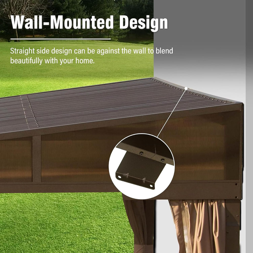 Domi 10x14FT Lean to Gazebo with Gutters, Outdoor Wall Mounted Pergola Hardtop with Galvanized Steel Sloping Roof, Patio Metal Canopy with Curtains and Nettings, Outside Awning for Backyard, Garden