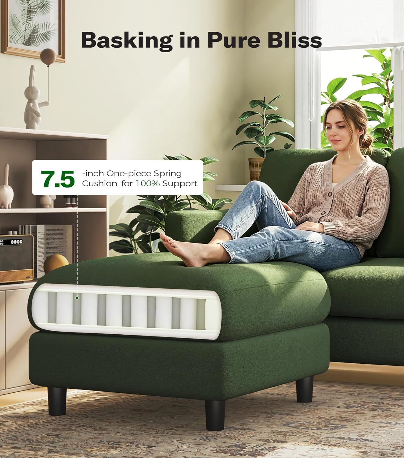 Welzona Loveseat, 51' Small L Shaped Couch, Comfy Teddy Love Seat with Ottoman Set, Tool-Free Setup Loveseat Sofa with Ottoman, All-Wood Small Sofa Couch for Bedroom, Couch for Living Room, Green