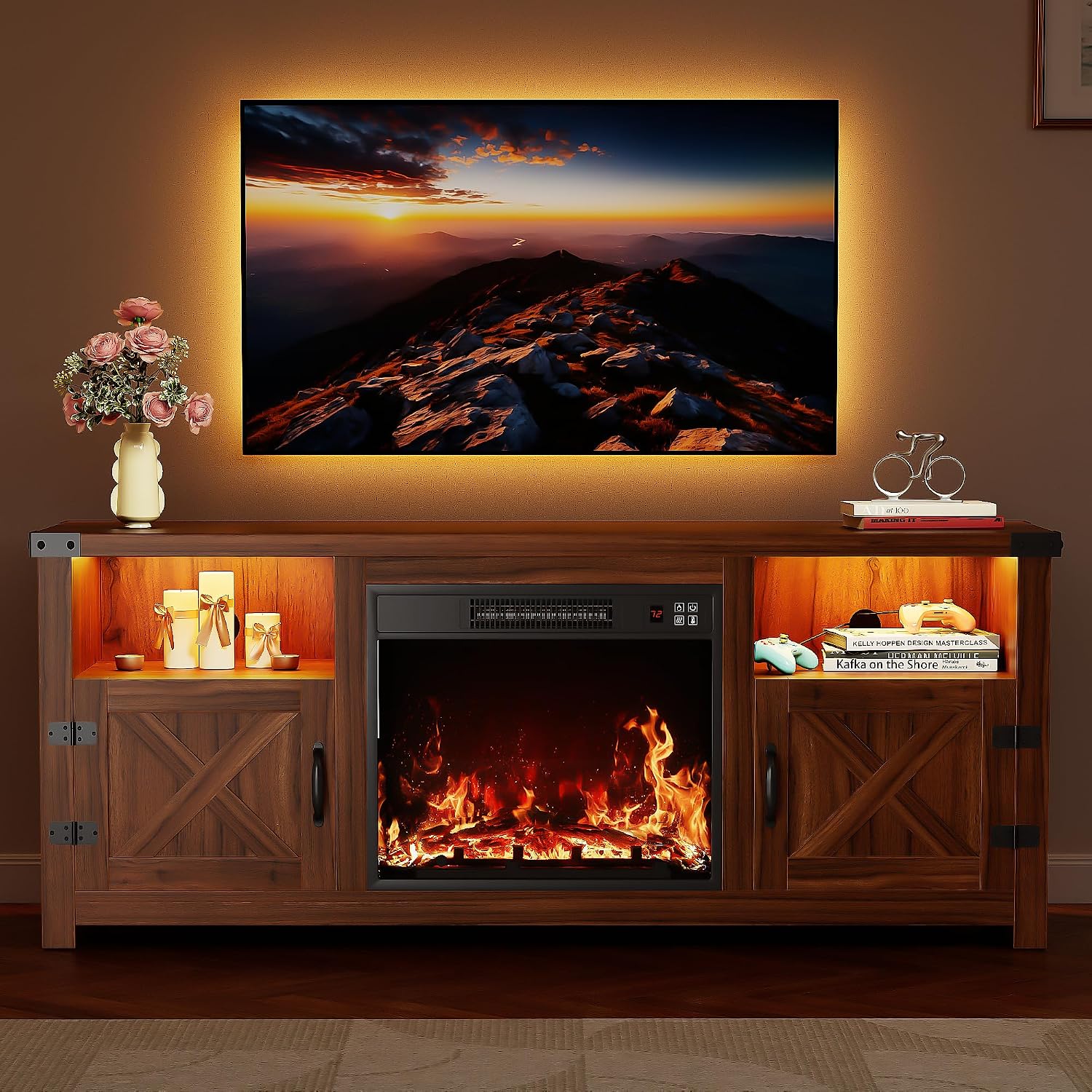 YESHOMY LED Fireplace TV Stand with Mood Lighting, TV Cabinet with Open Shelf, Farmhouse Media Console with Hidden Cable Routing, Entertainment Center for Televisions up to 65+ Inch, Walnut