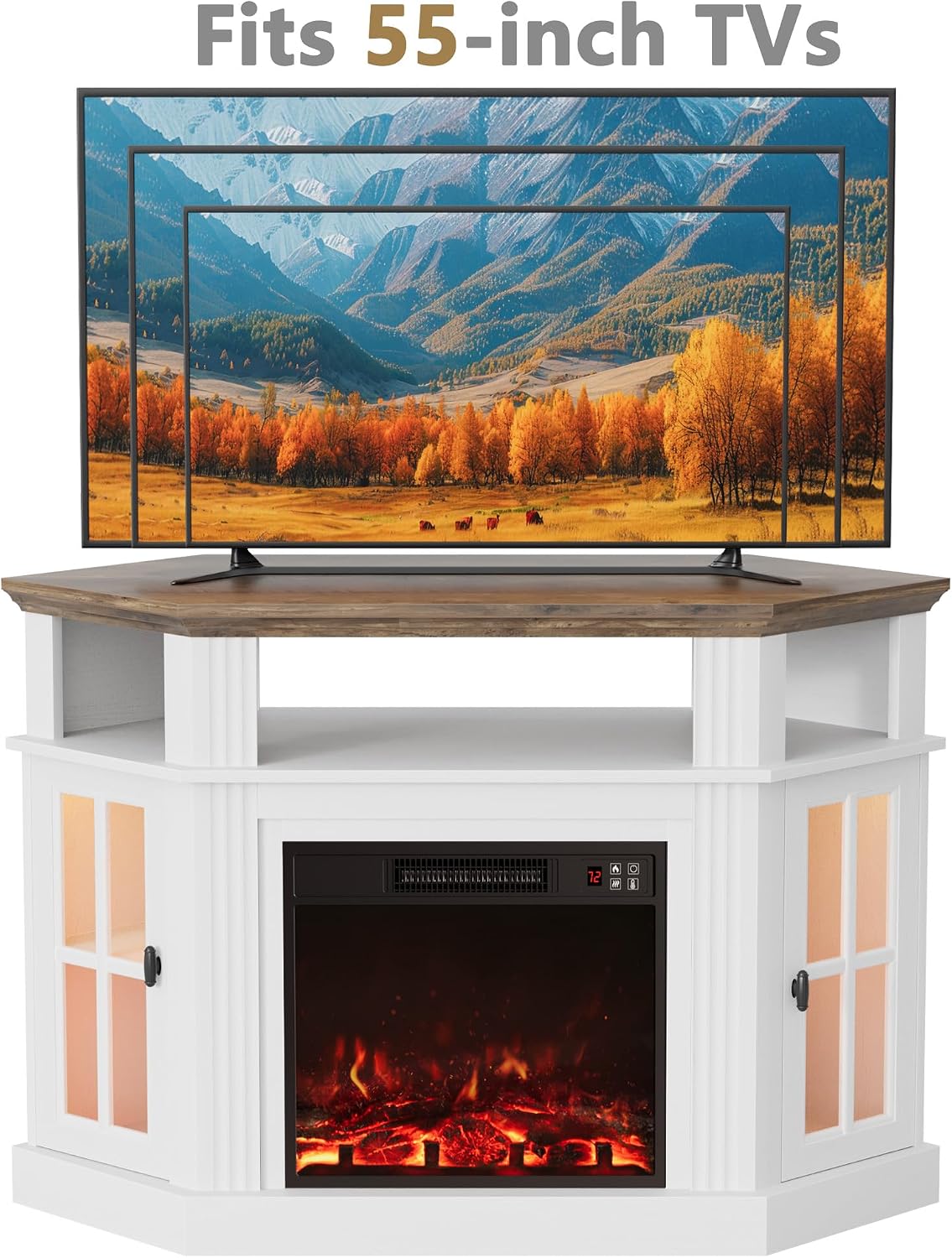 Furmax Fireplace Corner TV Stand for Up to 55 Inch, Modern Console with 18 Inch Electric Fireplace, Entertainment Center with Open Shelf and Storage Cabinets for Living Room (LED Antique White)