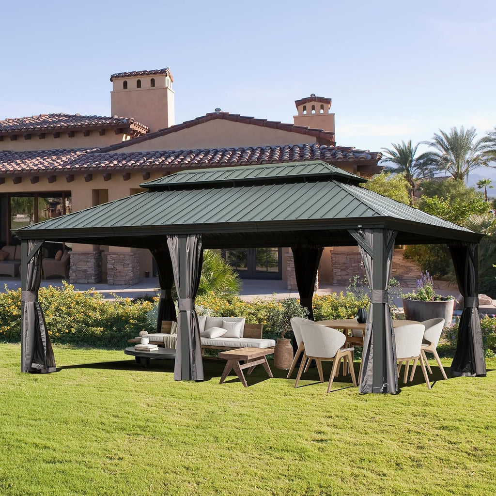 GOWE 12' X 18' Hardtop Gazebo Outdoor Metal Gazebo with Galvanized Steel Double Roof Canopy, Aluminum Frame, Curtains and Netting for Patio, Deck, Garden, Grey