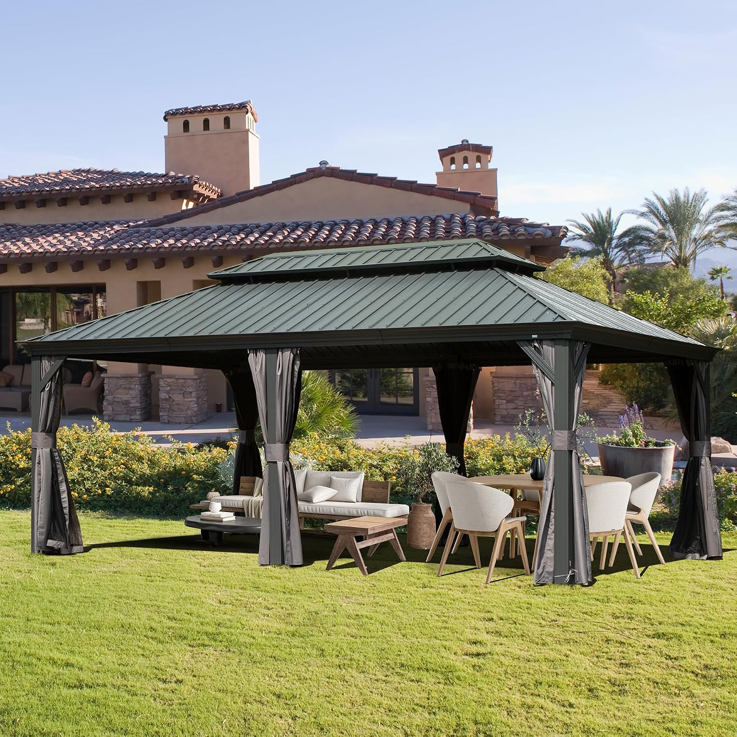 GOWE 12' X 18' Hardtop Gazebo Outdoor Metal Gazebo with Galvanized Steel Double Roof Canopy, Aluminum Frame, Curtains and Netting for Patio, Deck, Garden, Grey