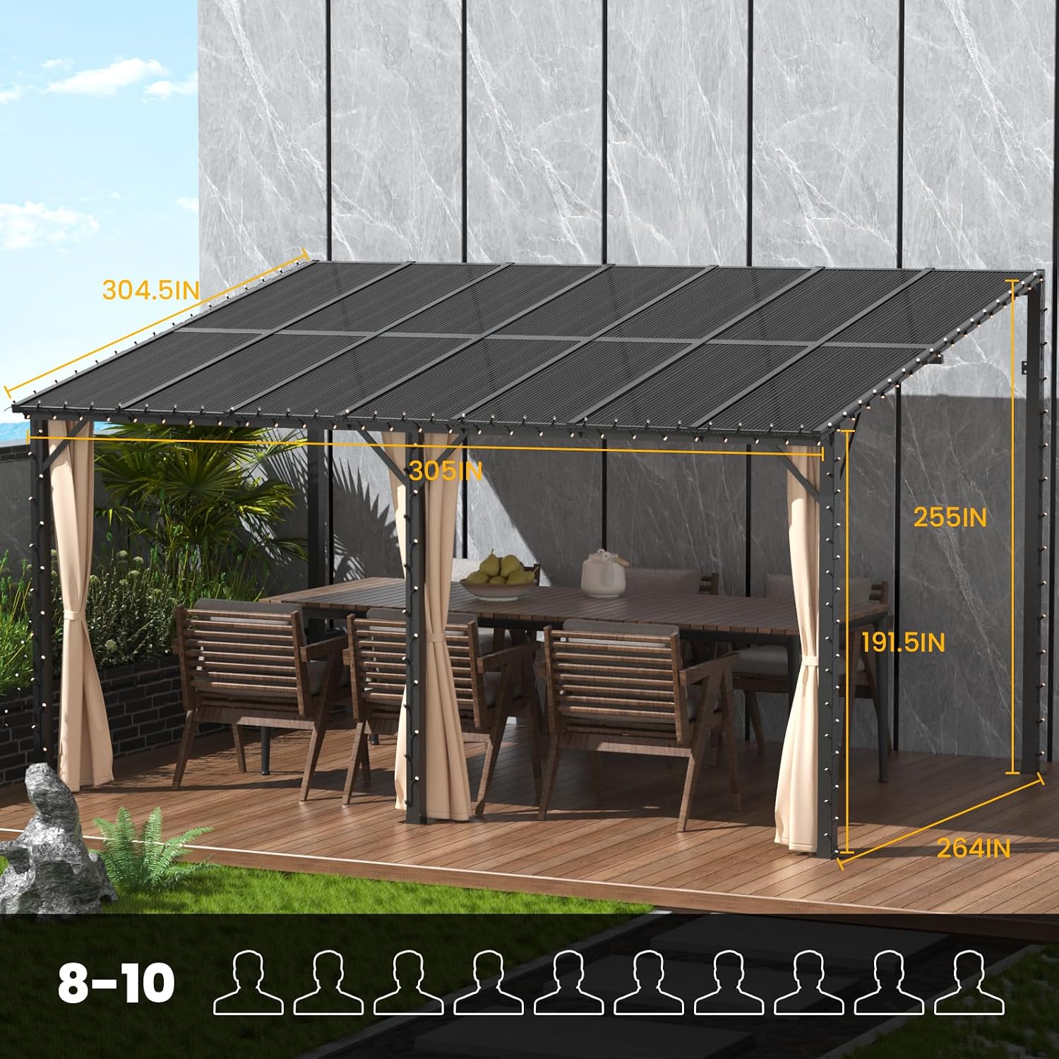 10x14 Outdoor Lean to Gazebo, Large Wall-Mounted Pergola Gazebo, Hardtop Heavy Duty Pavilion with Metal Frame, Awnings for Patios, and Permanent Gazebos for Decks and Backyards