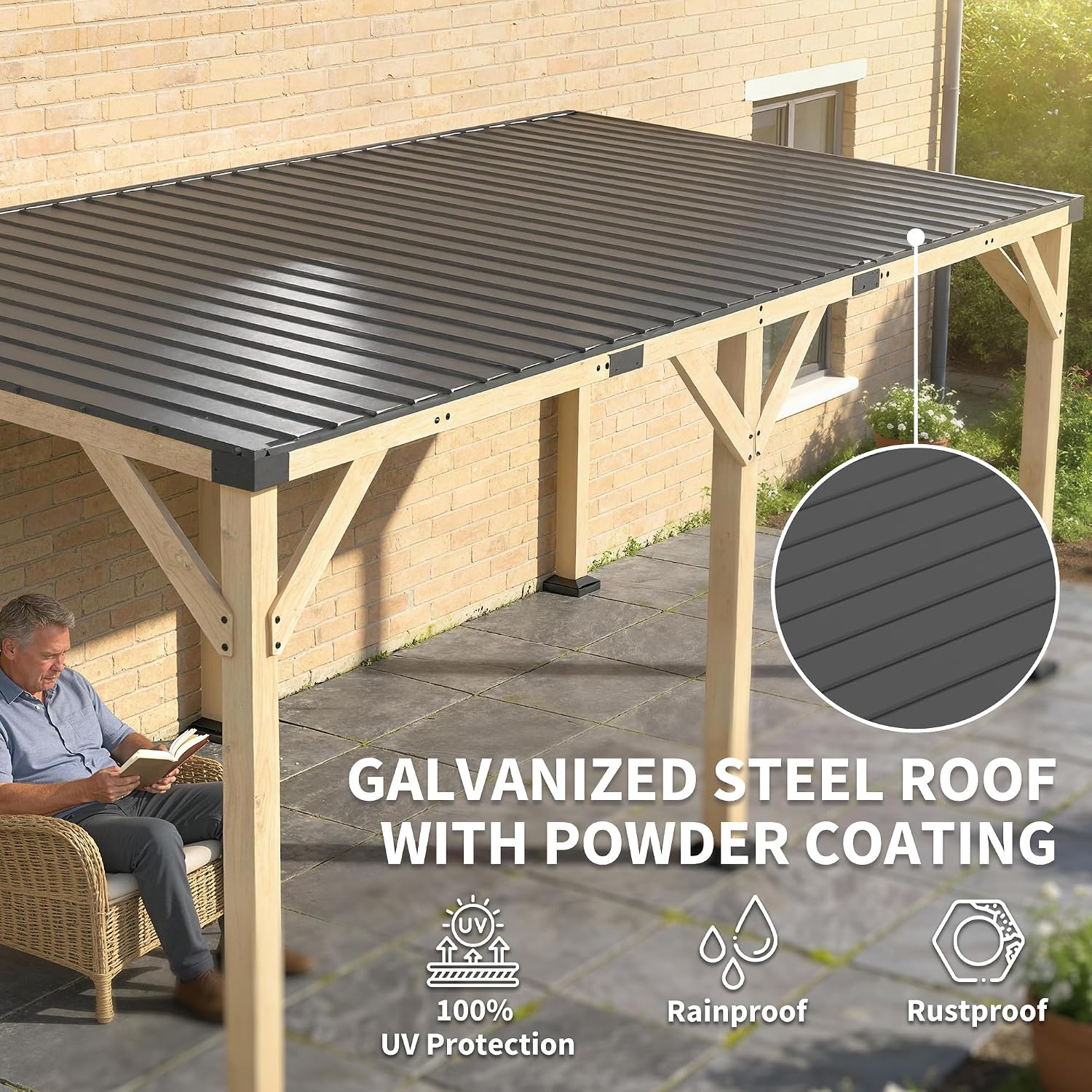 Outsunny 10' x 20' Wooden Gazebo, Hardtop Lean-to Gazebo Pergola with Galvanized Steel Sloped Roof, Large Heavy Duty Awning for Patio, Deck, Backyard, Light Walnut