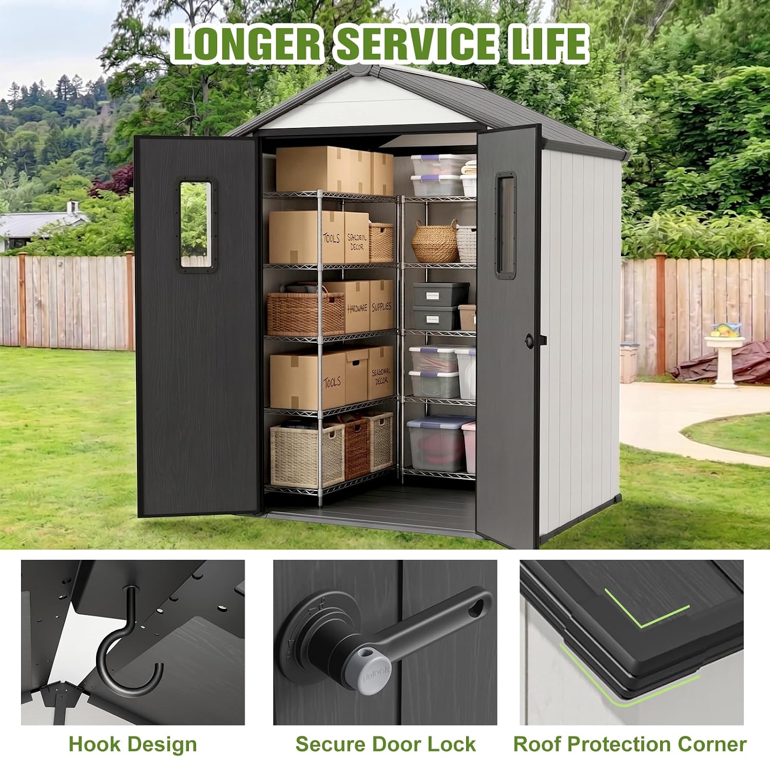 COOS BAY 6x4 Outdoor Storage Shed with Floor, Lockable Doors, All-Weather Resin Garden Tool Shed, White/Gray