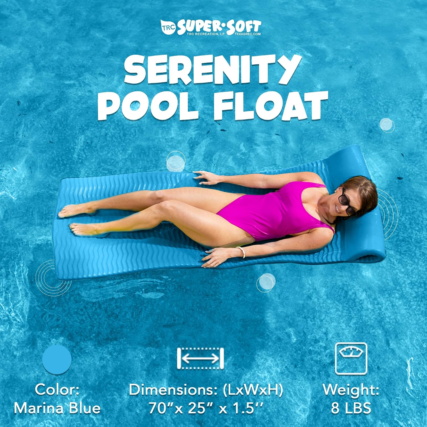 TRC Recreation Serenity 1.5' Thick Vinyl Coated Foam Swimming Pool Float Mat Adult Lounger with Built-in Roll Pillow