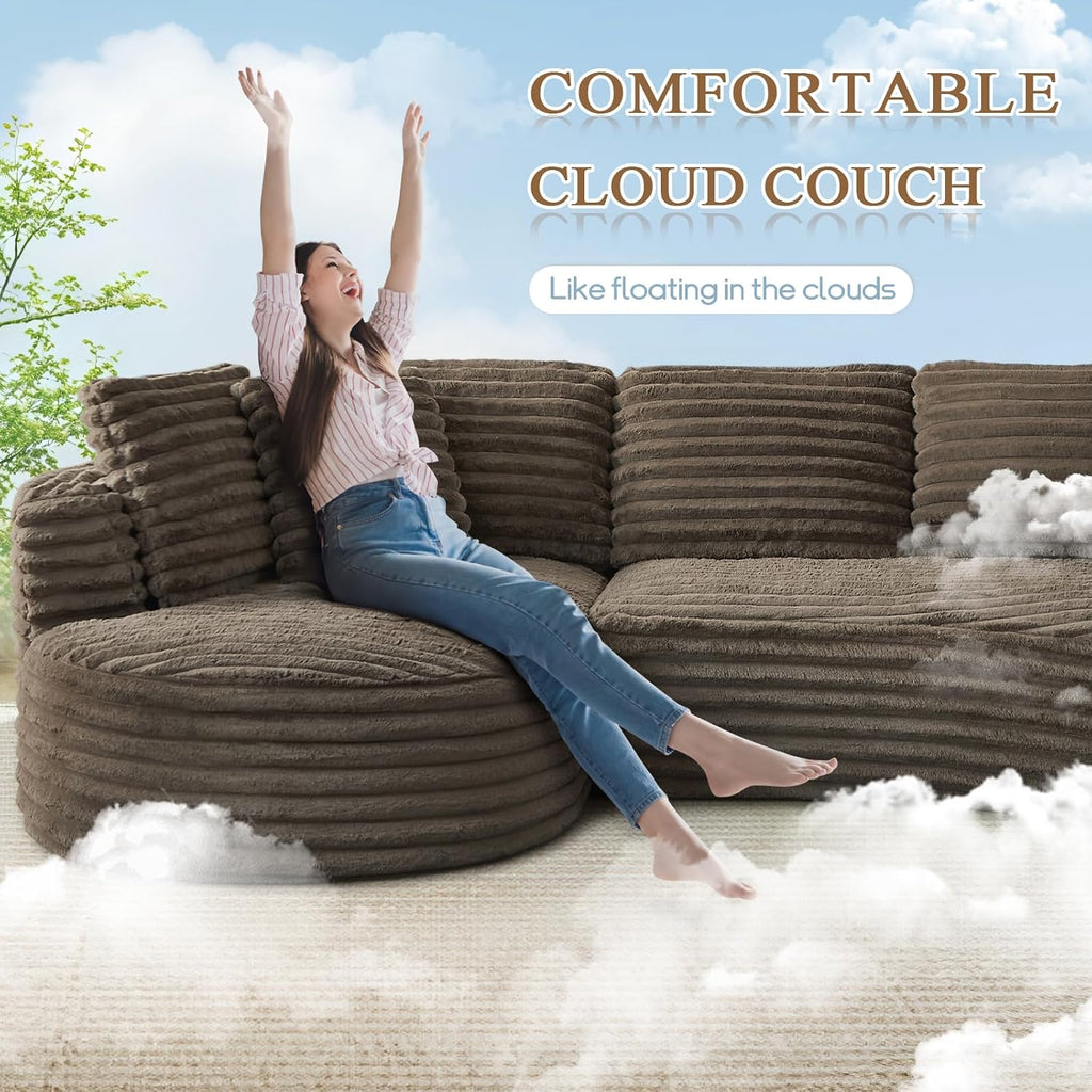 120'W Oversized Modern Curved Cloud Couch,Corduroy Modular Sectional Sofa with Chaise, L Shaped Boneless Couch, Compression Foam Sofa for Living Room Bedroom, No Assembly Required(Left Facing, Brown)