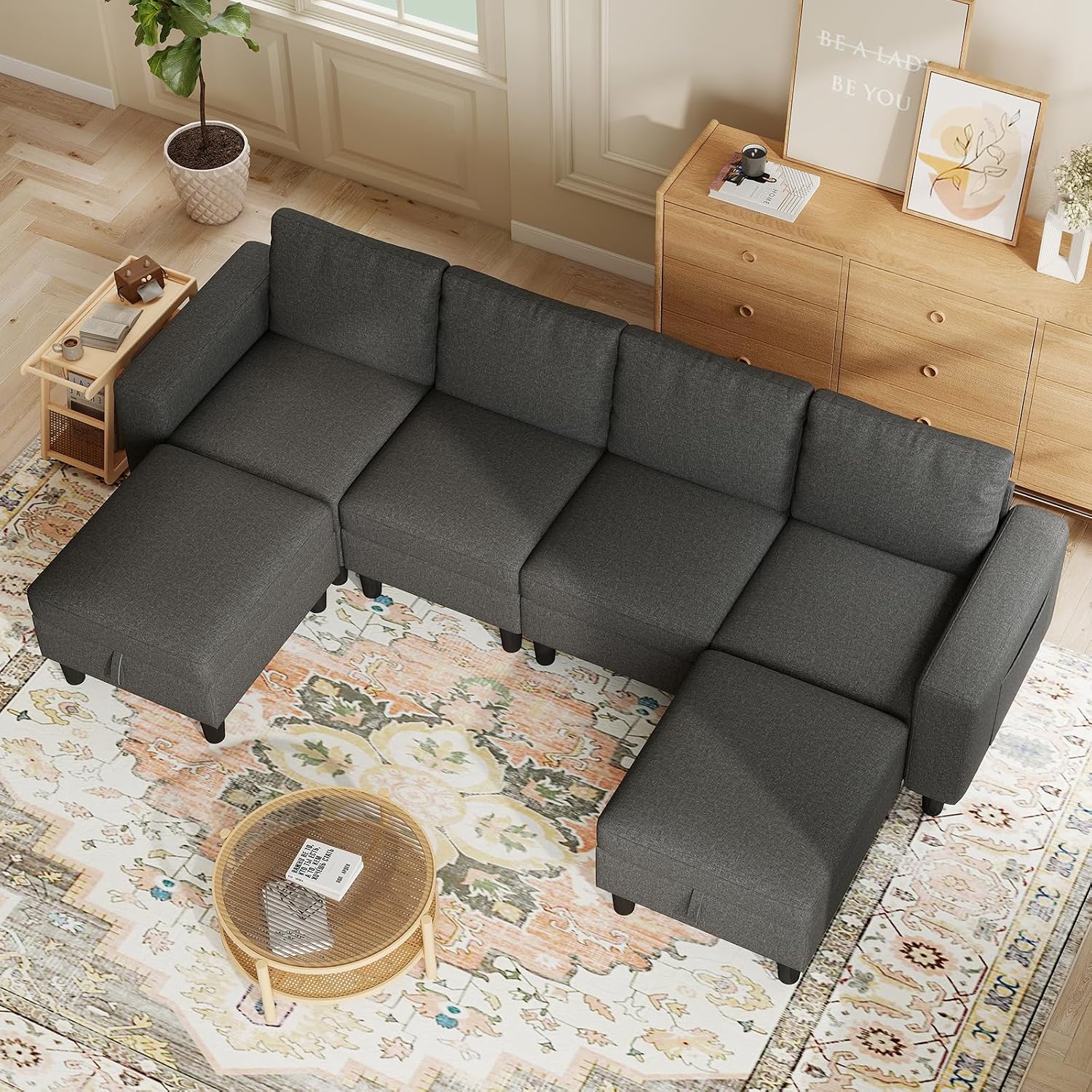 Modular Sectional Couches for Living Room, 110' U Shaped Sectional Sofa Couch with Adjustable Backrest, 6 Seat Linen Cloud Couch Sectionals with Storage Ottoman for Apartment (Dark Grey)