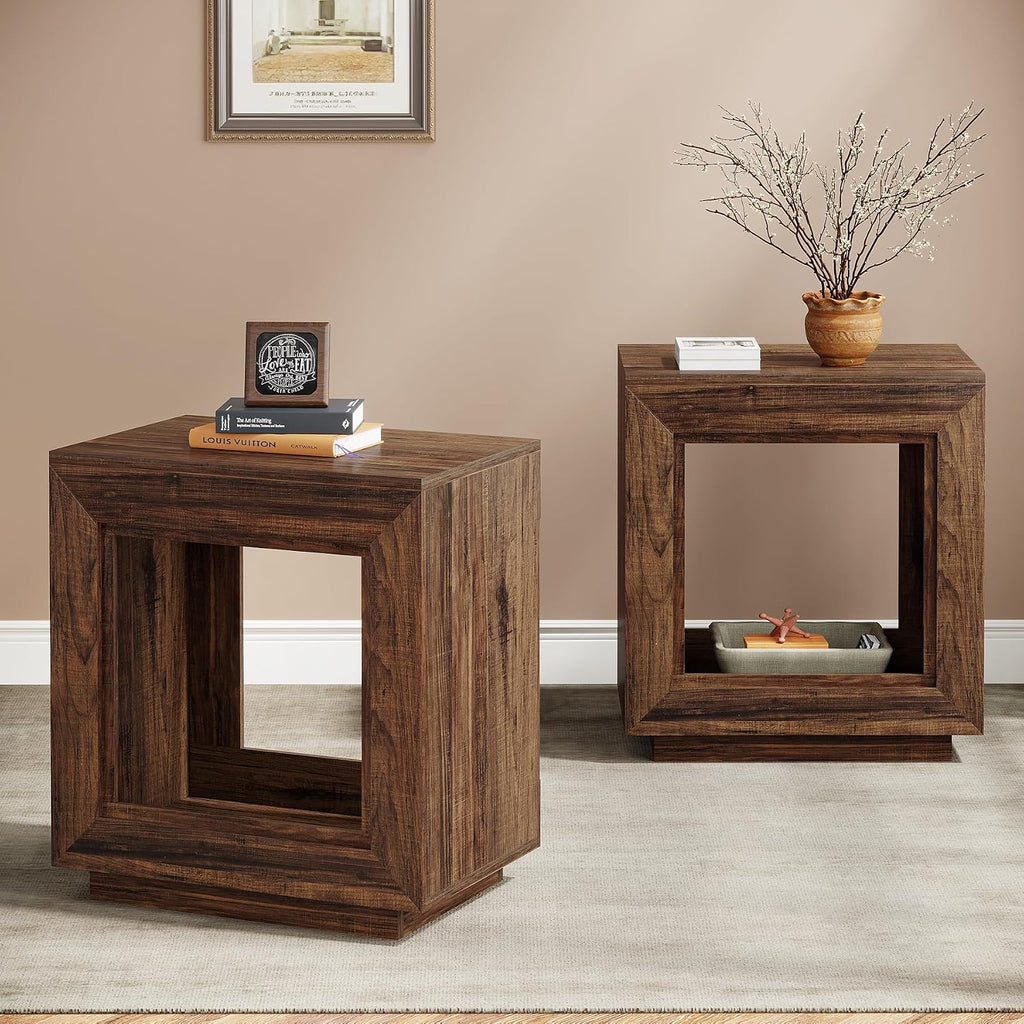 Tribesigns Rustic Wood End Table, 2 Tiered Square Side Table with Storage Shelf, Industrial Sofa Side Table for Living Room, Entrance (Rustic Brown) (1) (2, Brown)