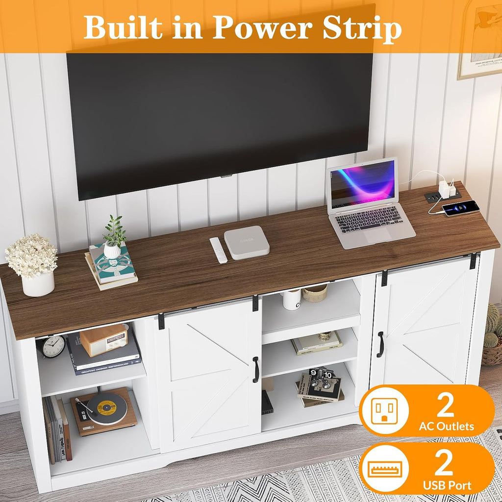 GarveeHome 70' Farmhouse TV Stands for 80-85' TVs, Rustic Wooden Entertainment Center with Adjustable Shelves & Sliding Barn Door, TV Console Table with Open Storage for Home, White+Brown Top