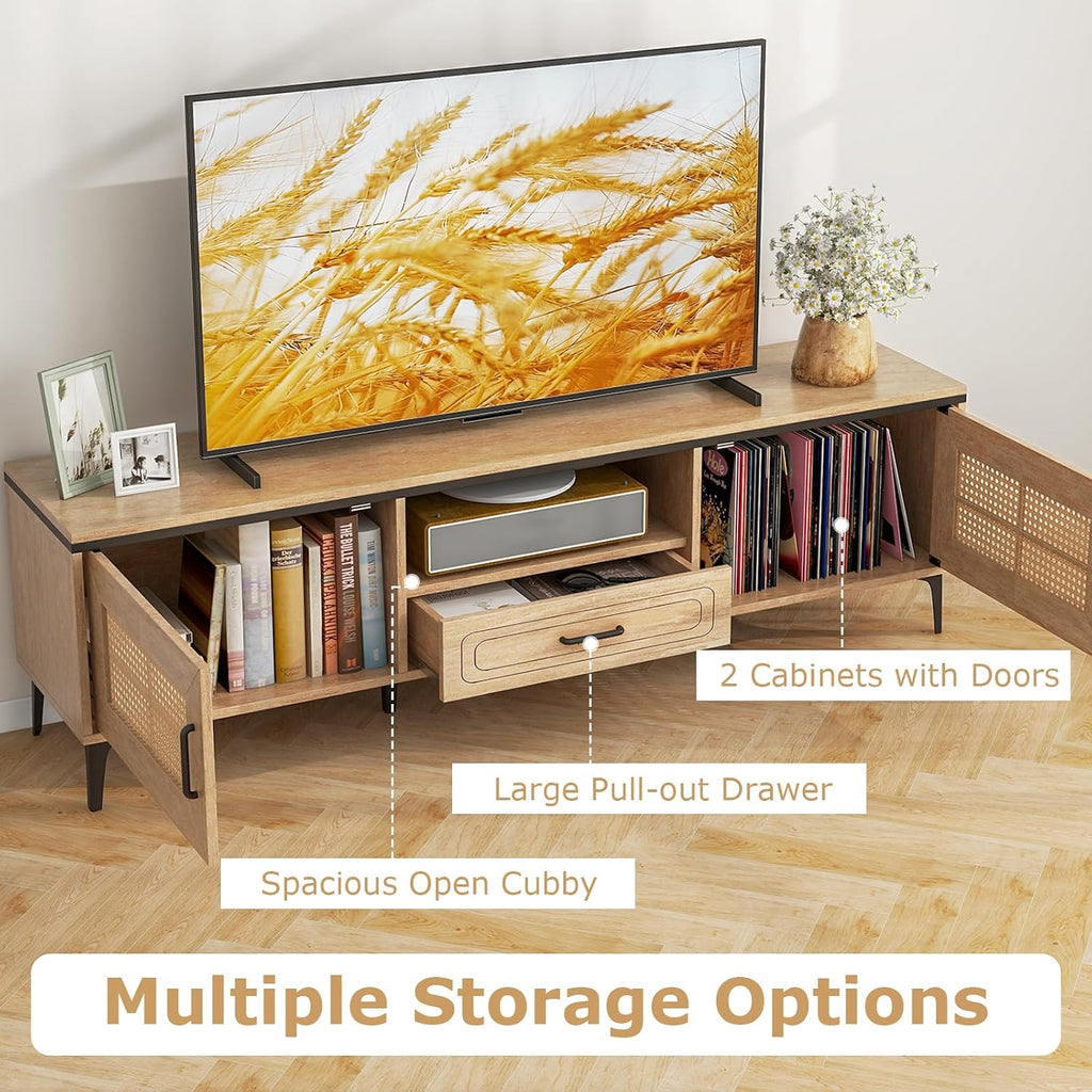 Tangkula Boho TV Stand for 65 Inch TVs, Mid Century Modern Media Entertainment Center with Drawer, 2 Cabinets with Rattan Doors, Metal Legs, Cable Hole, TV Console Table for Living Room (Oak)
