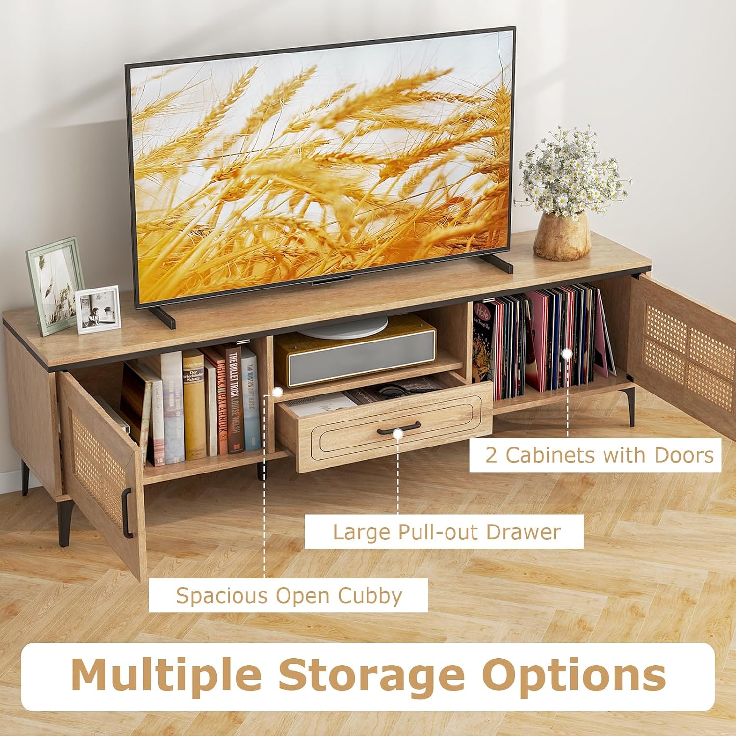 Tangkula Boho TV Stand for 65 Inch TVs, Mid Century Modern Media Entertainment Center with Drawer, 2 Cabinets with Rattan Doors, Metal Legs, Cable Hole, TV Console Table for Living Room (Oak)