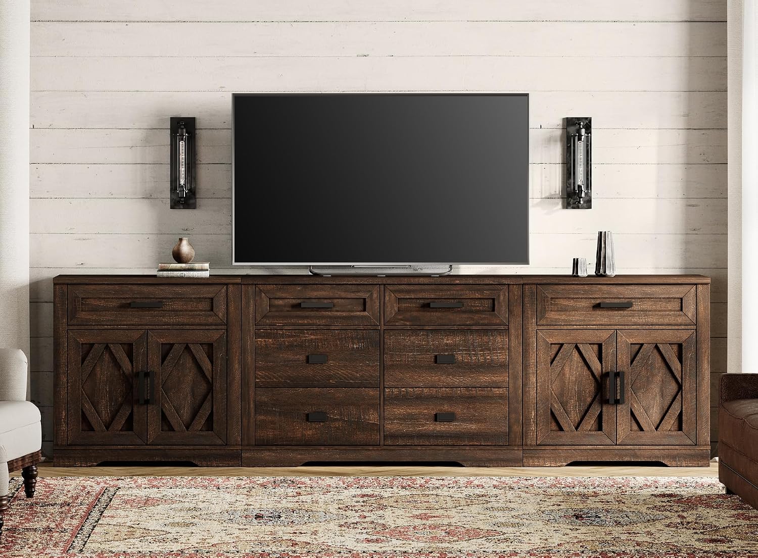 WAMPAT 110' W Large TV Stand,3-in-1 Farmhouse Entertainment Center with Storage Barn Door Cabinet,TV Console Table with Media Cabinet and Drawers for Living Room,Bedroom,Dark Brown