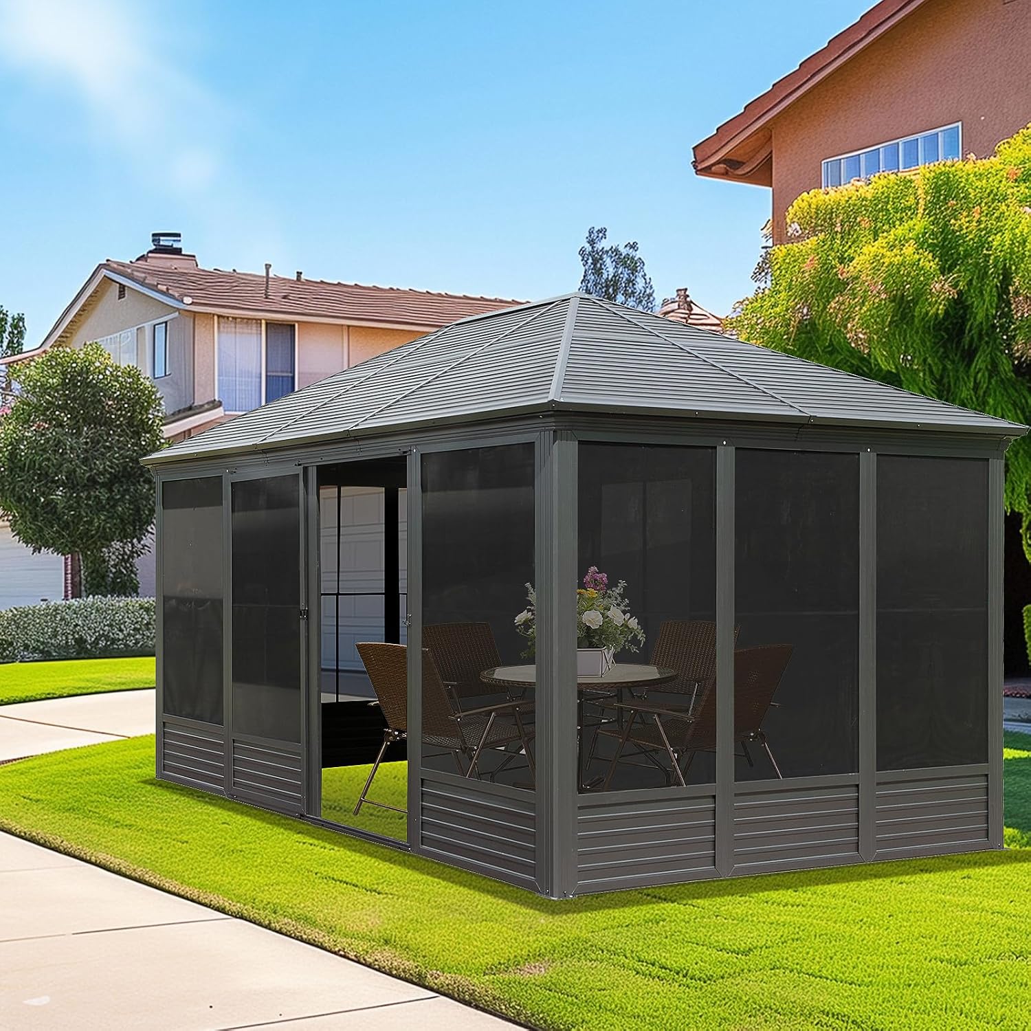 11.2x14.6 FT Sunroom, Four Season Enclosed Hardtop Gazebo with Galvanized Steel Roof, Aluminum Solarium Sun Room with Movable PVC Screen Walls, Sliding Doors, Metal Hard Top Gazebo for Patio, Deck