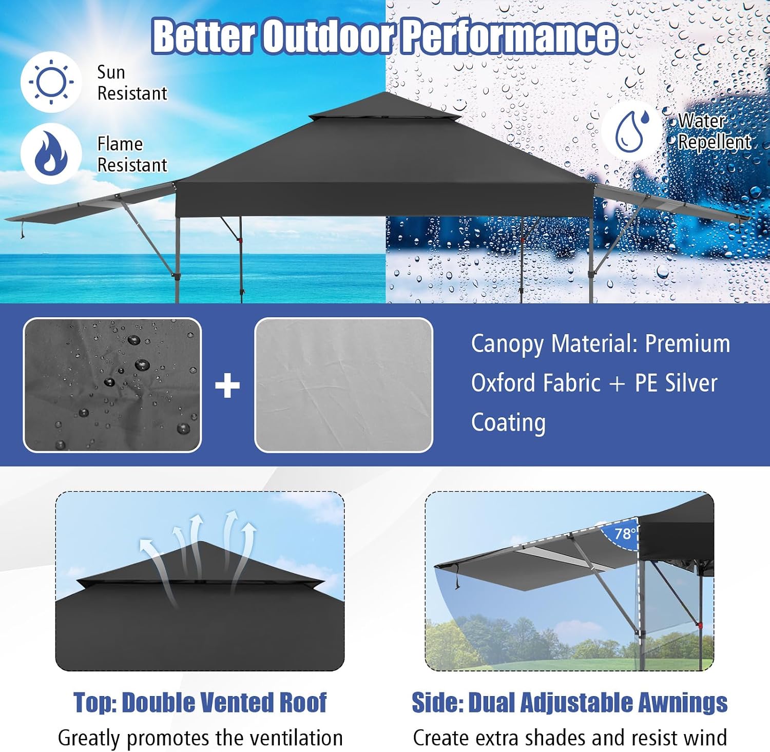 HAPPYGRILL Pop Up Canopy with Dual Awnings 10x17.6 FT, Outdoor Gazebo Shelter with Portable Wheeled Carrying Bag, Easy Setup Instant Tent for Patio Camping Picnic (Black)