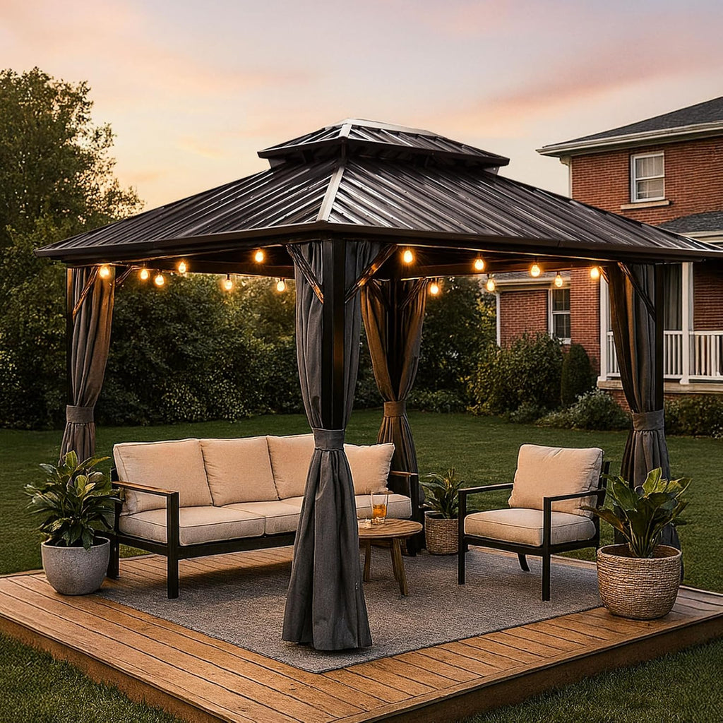 10x12 Hardtop Gazebo Outdoor Metal Gazebo with Double Roof & Netting Curtains - Heavy Duty Steel Pavilion for Patios, Waterproof & Snow Load Resistant
