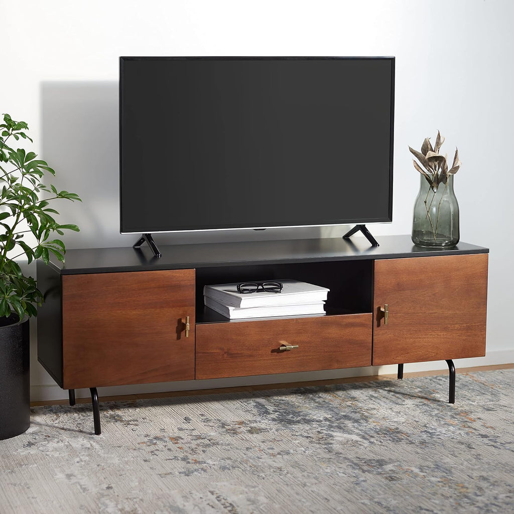 SAFAVIEH Genevieve TV Stand for up to 65' Flatscreen – Black & Walnut Brown Finish, Mid-Century Modern Storage Cabinet, Entertainment Media Console (MED5000F)