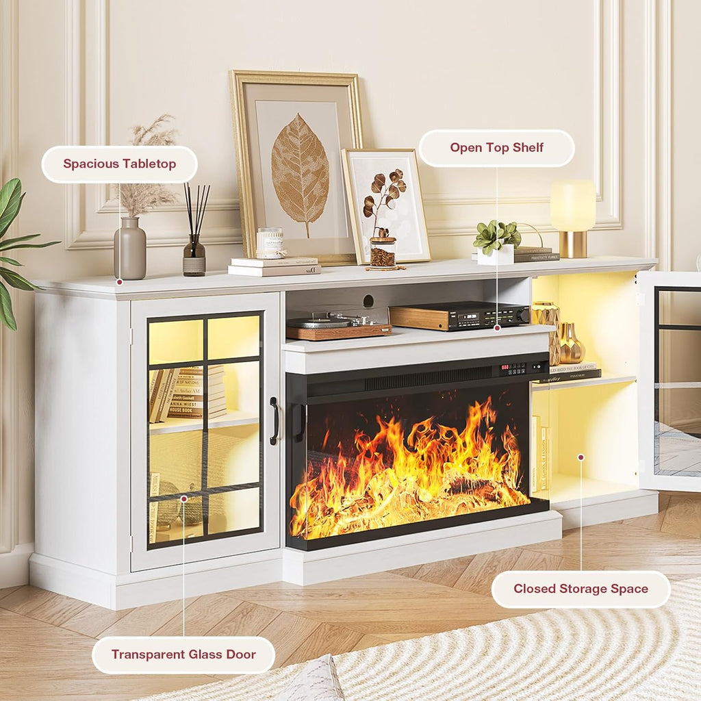 oneinmil 80'' Fireplace TV Stand with 3-Sided Glass, TV Cabinet for TVs up to 85', 80'' Modern Media Entertainment Center with Farmhouse Glass Door Storage Cabinets