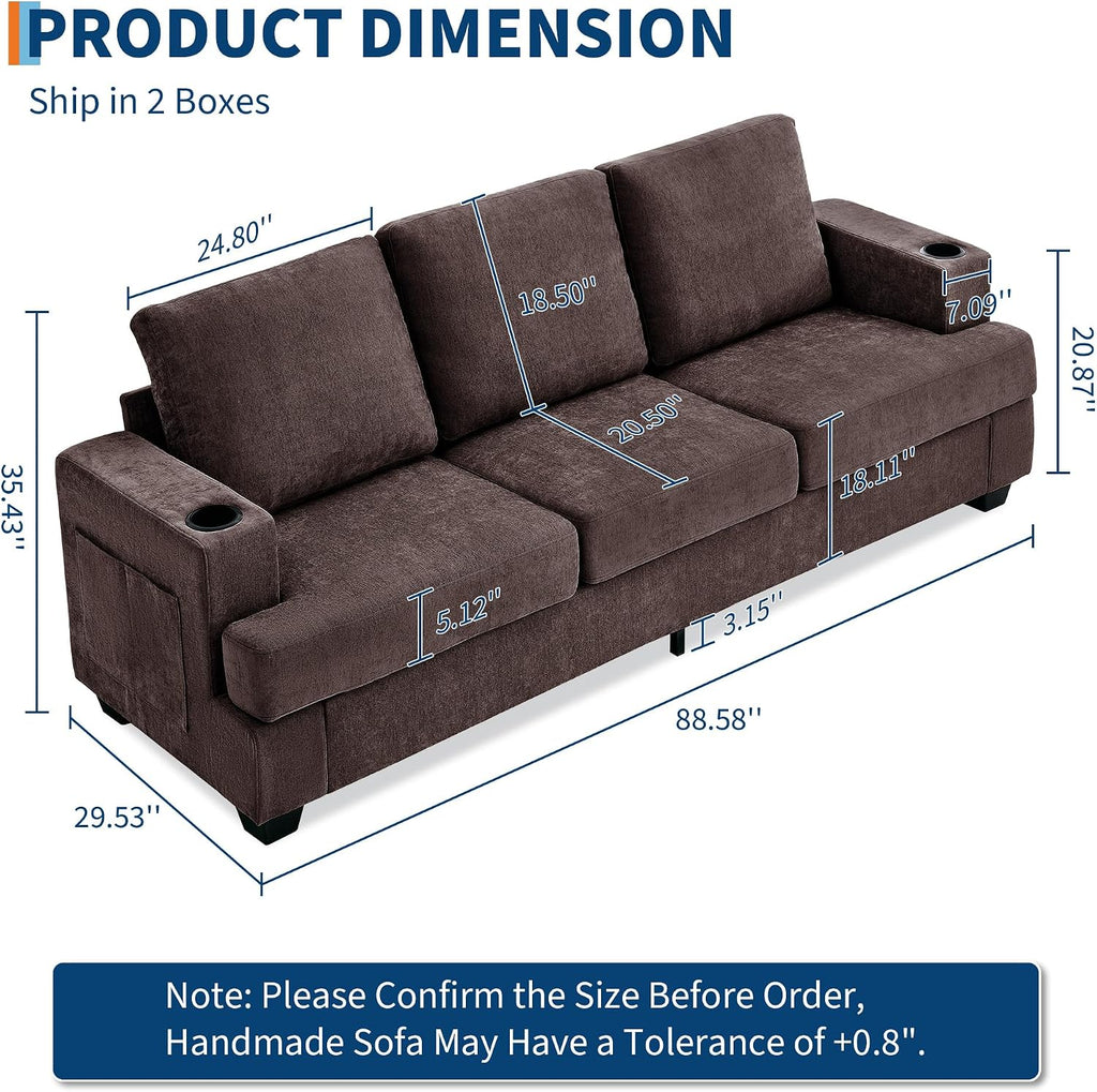 89' Chenille 3-Seater Sofa with Cup Holders and Side Storage Pockets, Modern Sofa for Living Room, Deep Seat Couches for Apartment Lounge, Brown