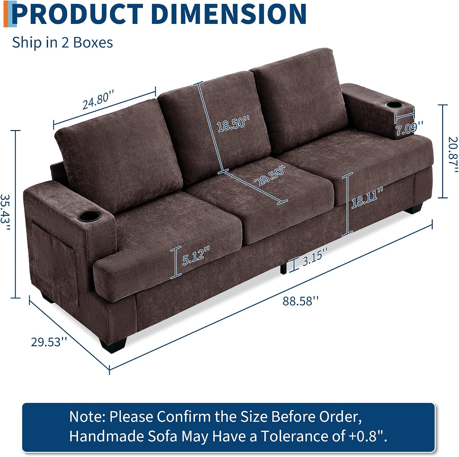 89' Chenille 3-Seater Sofa with Cup Holders and Side Storage Pockets, Modern Sofa for Living Room, Deep Seat Couches for Apartment Lounge, Brown