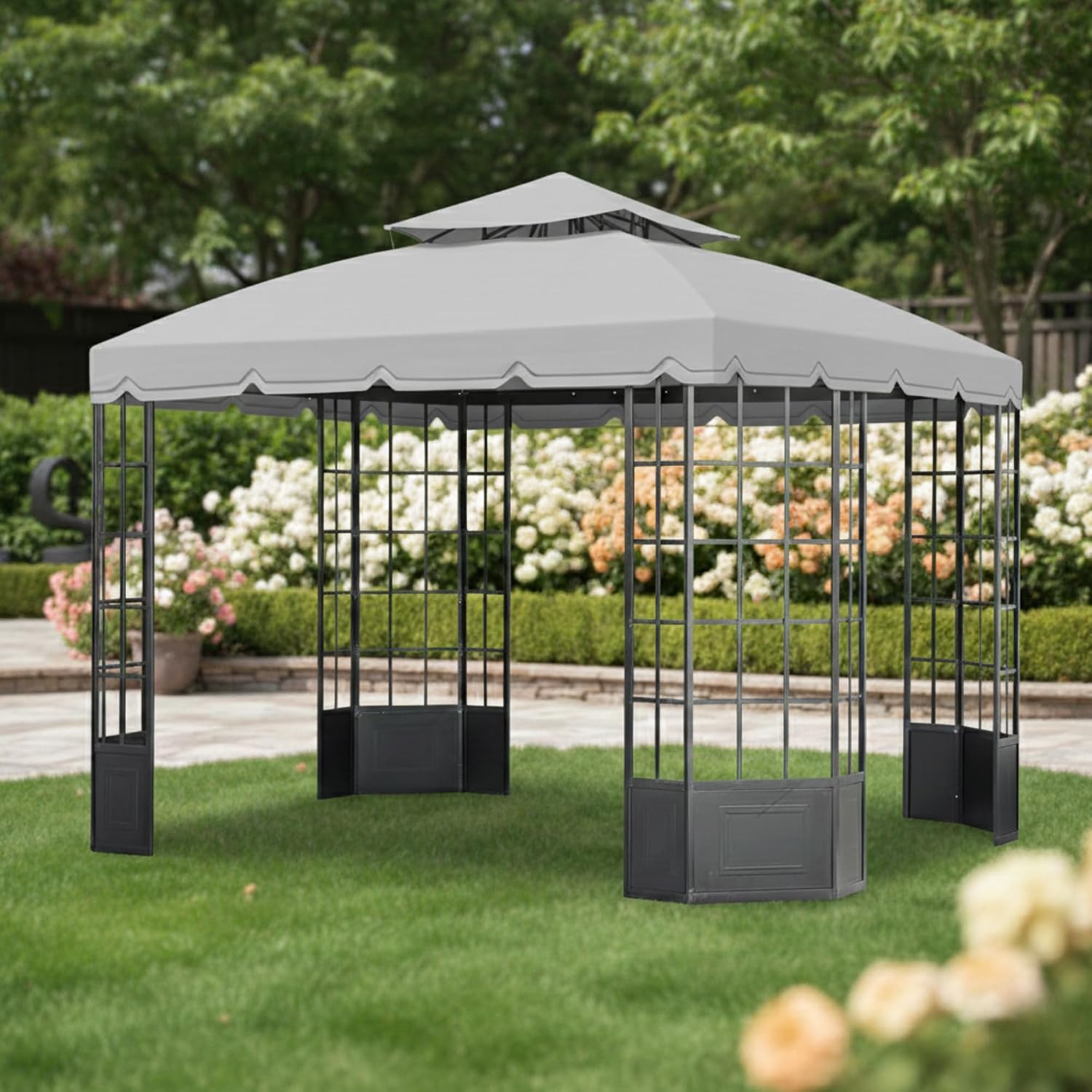 Garden Winds Reinforced RipLock 350 Replacement Canopy Top Cover Compatible with Bay Window 10' x 12' Gazebo Models L-GZ120PST-2, L-GZ120PST-2D - Slate Gray