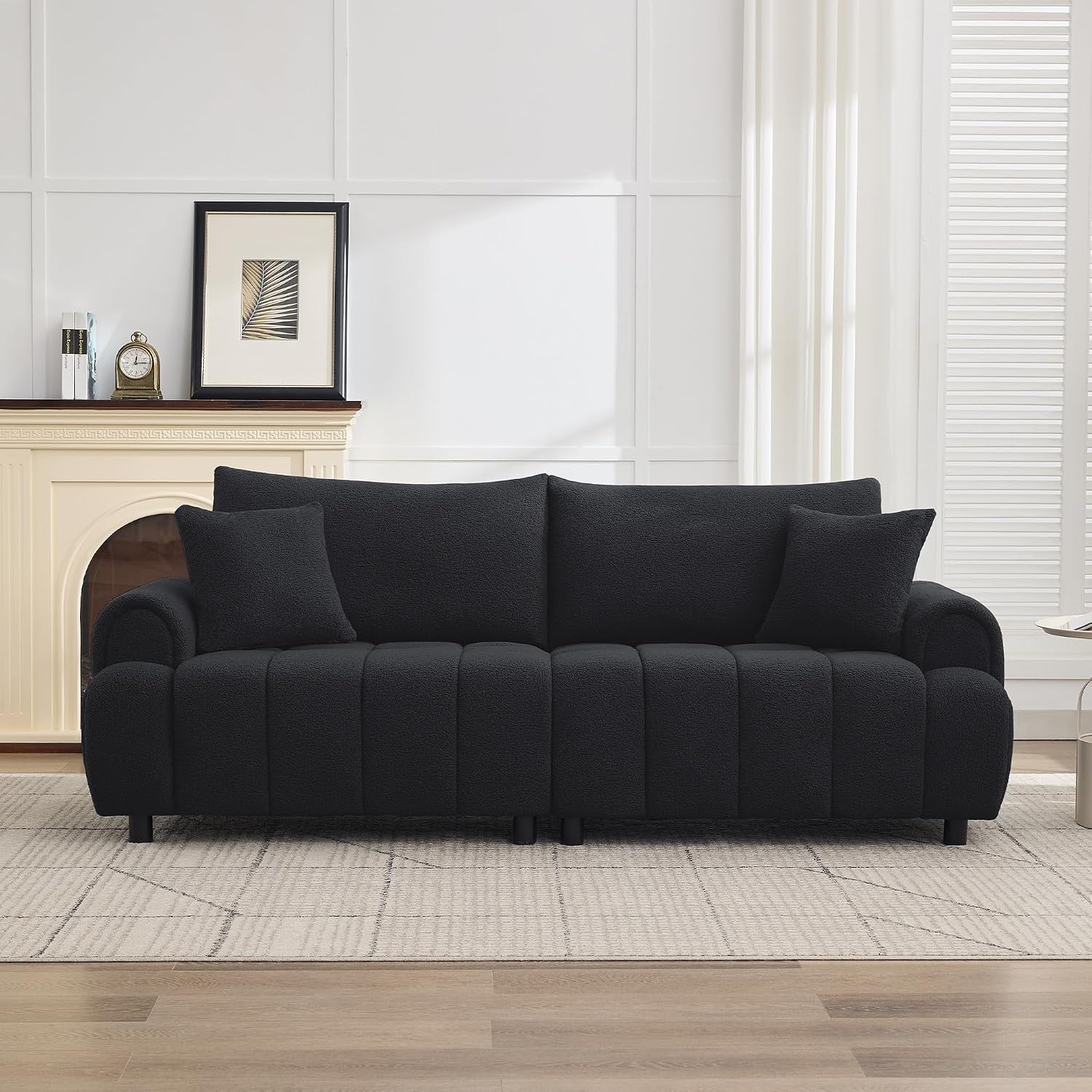 88 'Modern Boucle Sofa Couch, Oversized Comfy 3 Seater Sherpa Curved Sofas Deep Seat, Upholstered Loveseat Teddy Round Arm Couches for Living Room, Bedroom, Black