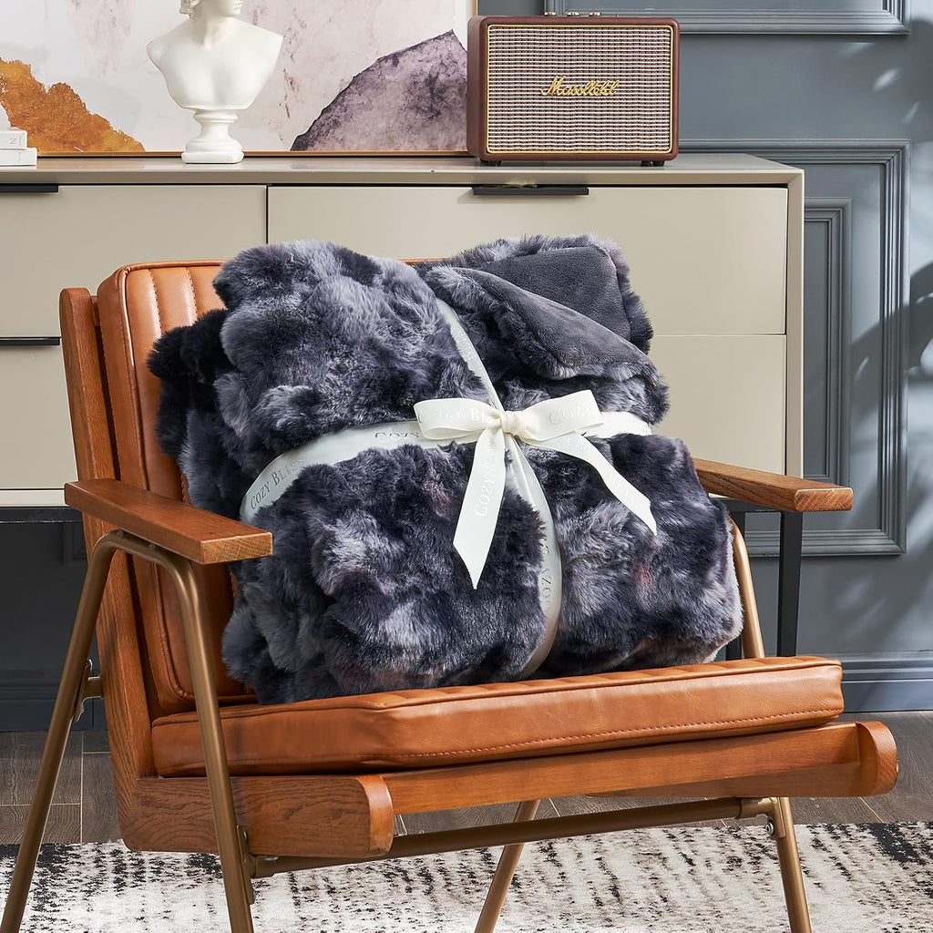 Cozy Bliss Faux Fur Throw Blanket for Bed King Size, Fuzzy Soft Plush Thick Bubble Blanket for Sofa Bedroom Living Room, 108 * 90 Inches Tie Dye Black