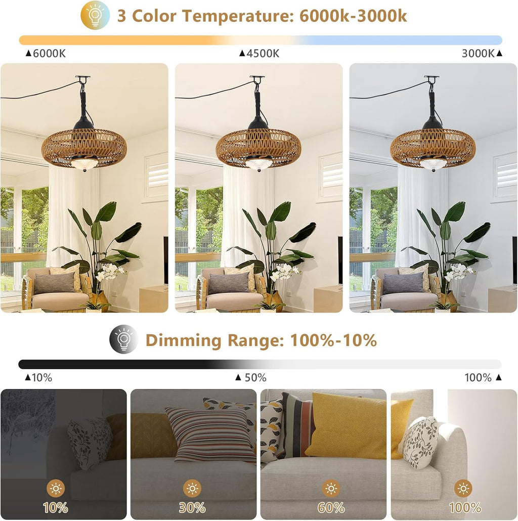 Waterproof Outdoor Ceiling Fan with Lights Remote Control, Wet Rated Gazebo Fan with 3 Color Temperatures&Dimmable LED Light, Boho Rattan Plug in Ceiling Fan for Indoor Bedroom/Outdoor Patios