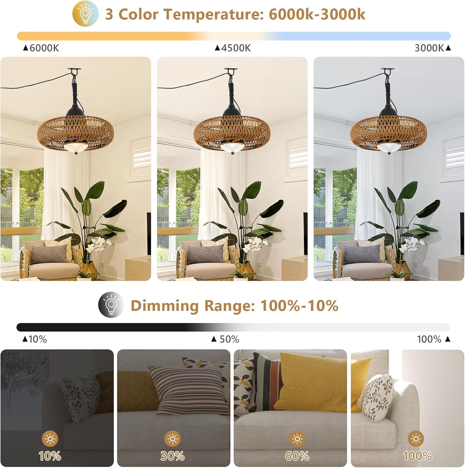 Waterproof Outdoor Ceiling Fan with Lights Remote Control, Wet Rated Gazebo Fan with 3 Color Temperatures&Dimmable LED Light, Boho Rattan Plug in Ceiling Fan for Indoor Bedroom/Outdoor Patios