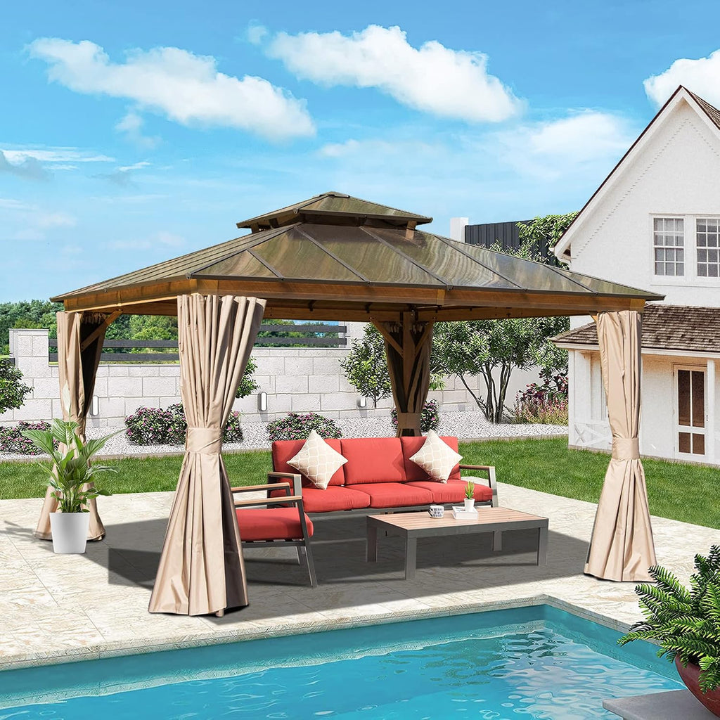 Domi Outdoor Living 12' x 12' Hardtop Gazebo, Wooden Coated Aluminum Frame Canopy with Polycarbonate Double Roof, Outdoor Permanent Metal Pavilion with Curtains and Netting for Patio, Deck and Lawn