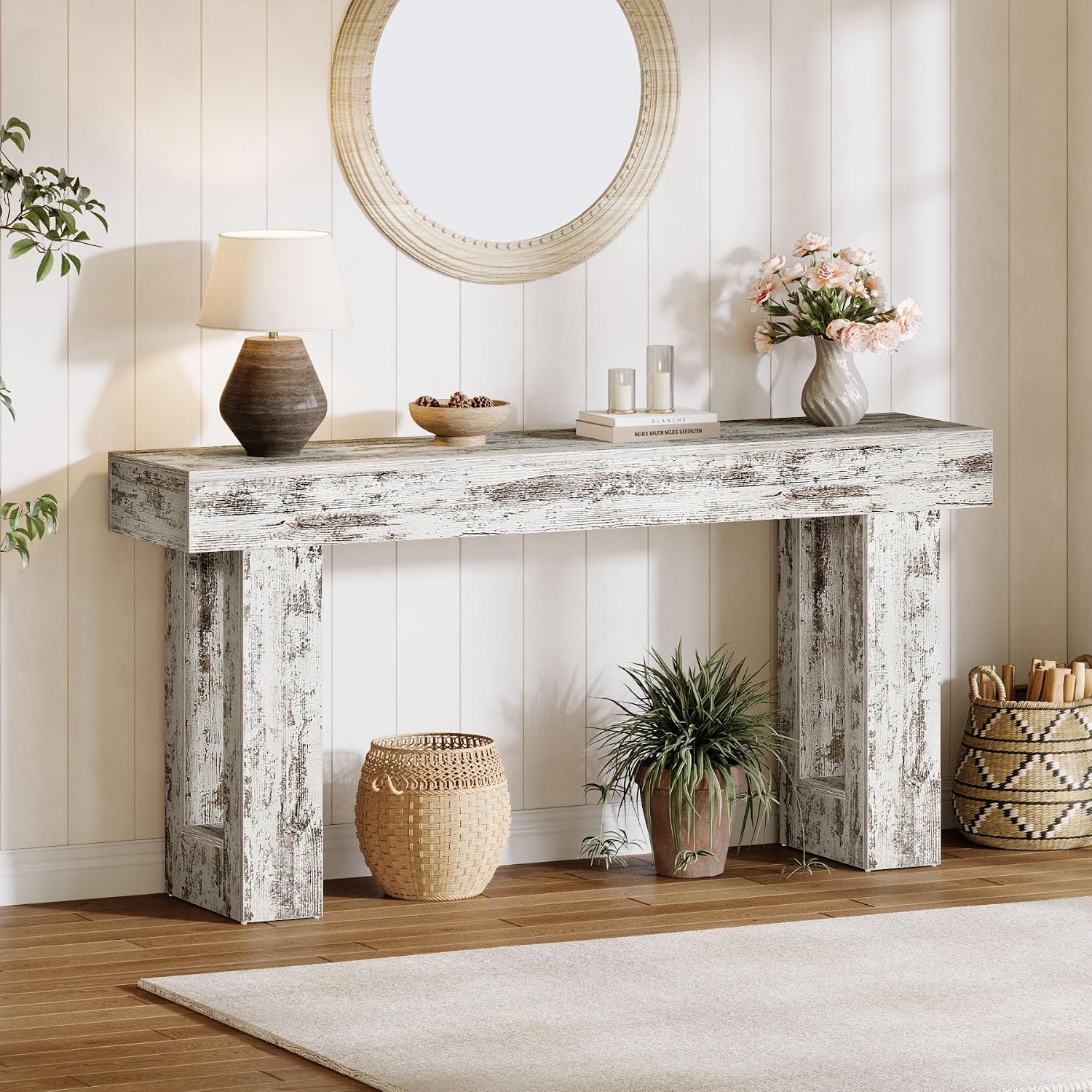 Tribesigns 63-Inch Long Console Table, Farmhouse Wooden Sofa Table Behind The Couch, Narrow Entryway Table for Entrance, Hallway, Living Room (Distressed White)