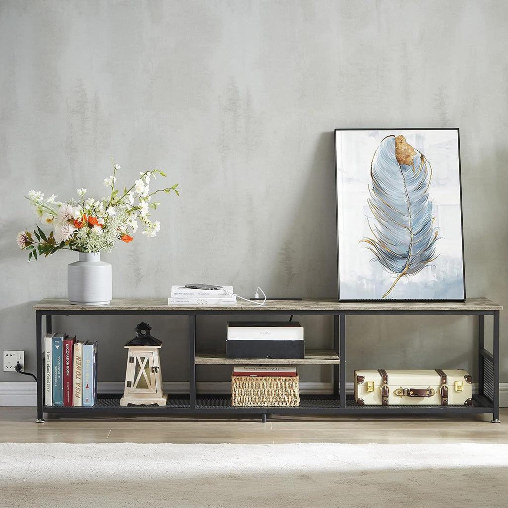 VECELO TV Stand with Power Outlets for Televisions up to 80Inch, 70' Media Entertainment Center with Charging Station 3-Tier Open Storage Shelves with Metal Frame for Living Room/Bedroom，Grey