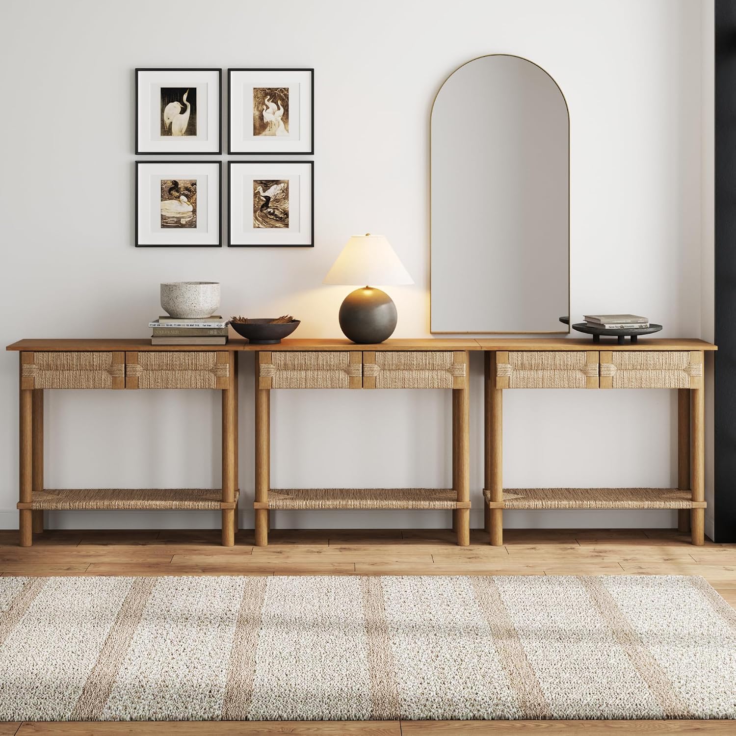 Nathan James Beacon Wooden Sofa Console Table with Drawers, Bohemian Entryway Table, Hallway Table with Seagrass Shelf, Light Brown, Set of 3