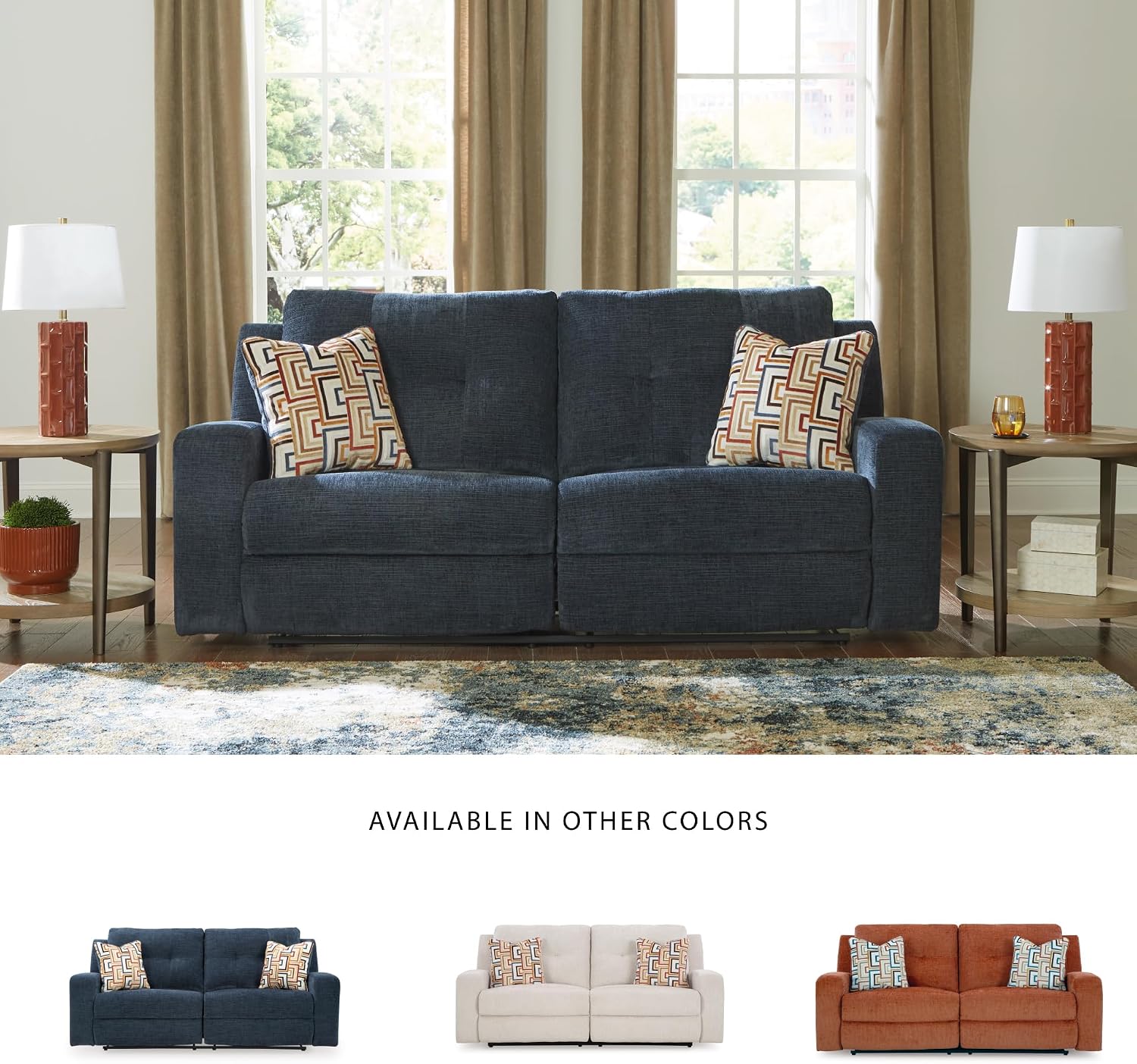 Signature Design by Ashley Danum Modern Manual Pull Tab Reclining Sofa with Tufed Back Cushion, Blue