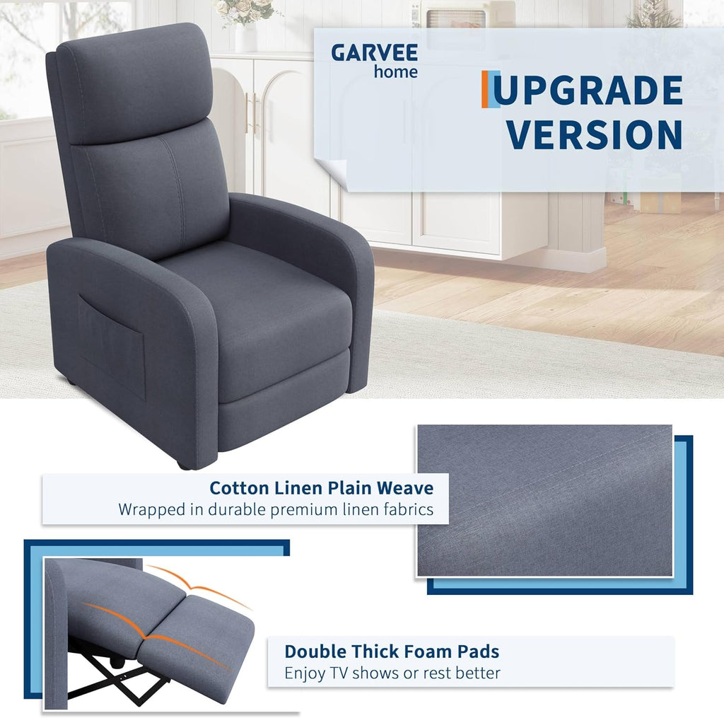 Garvee Recliner Chair for Adults, Lazy Reclining Chair Ergonomic Adjustable Single Sofa Enhanced with Side Pocket, Tall Back, Wide Arms & Padded Seat, Home Theater Seating for Living Room