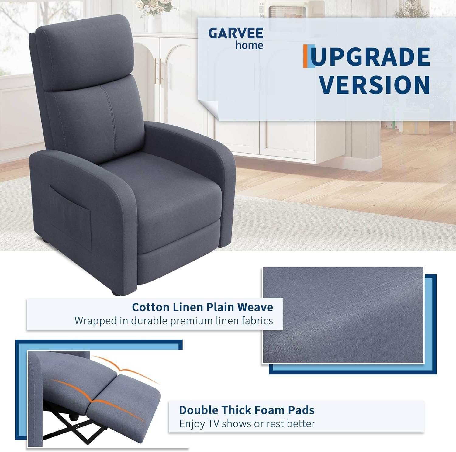 Garvee Recliner Chair for Adults, Lazy Reclining Chair Ergonomic Adjustable Single Sofa Enhanced with Side Pocket, Tall Back, Wide Arms & Padded Seat, Home Theater Seating for Living Room