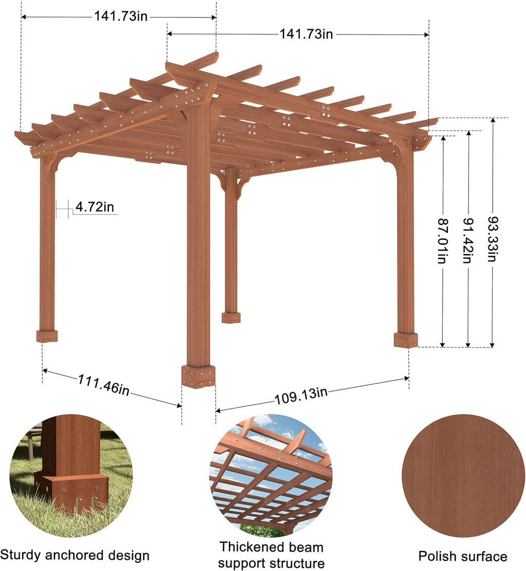 Yardenaler 12x12 FT Wooden Pergola, Cedar Wood Gazebo with Flat Roof, Outdoor Garden Shelter with Stakes Included, Patio, Deck, Backyard, Lawn
