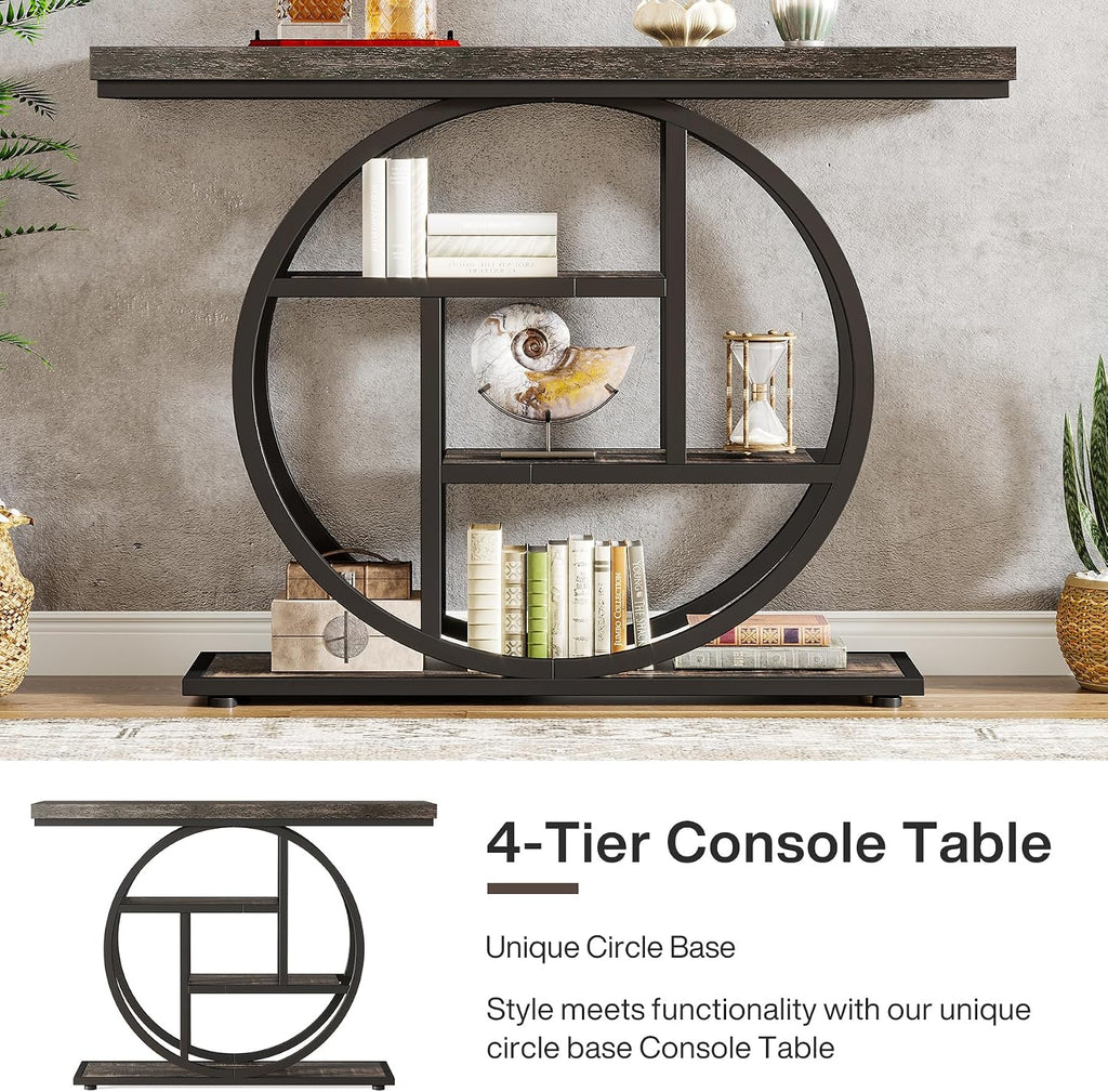 Tribesigns 41.3' Console Table, Industrial 4-Tier Sofa Table Entryway Table with Circle Base, Narrow Wood Accent Tables with Storage Shelves for Living Room, Hallway, Foyer, Charcoal Black