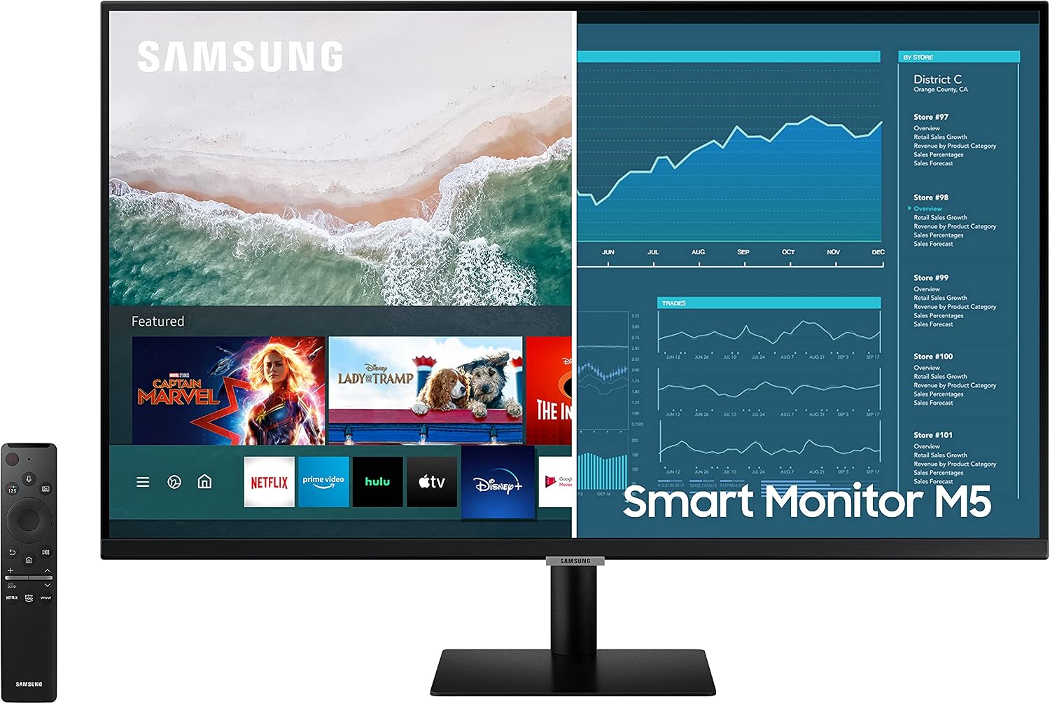 SAMSUNG M5 Series 27-Inch FHD 1080p Smart Monitor & Streaming TV (Tuner-Free), Netflix, HBO, Prime Video, & More, Apple Airplay, Bluetooth, Built-in Speakers, Remote Included (LS27AM500NNXZA)